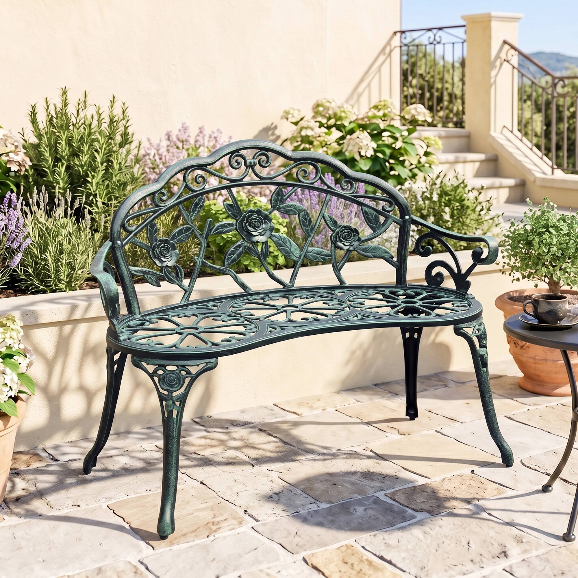Alt View 1. Outsunny - Bench, Cast Aluminum Outdoor Furniture - Green.