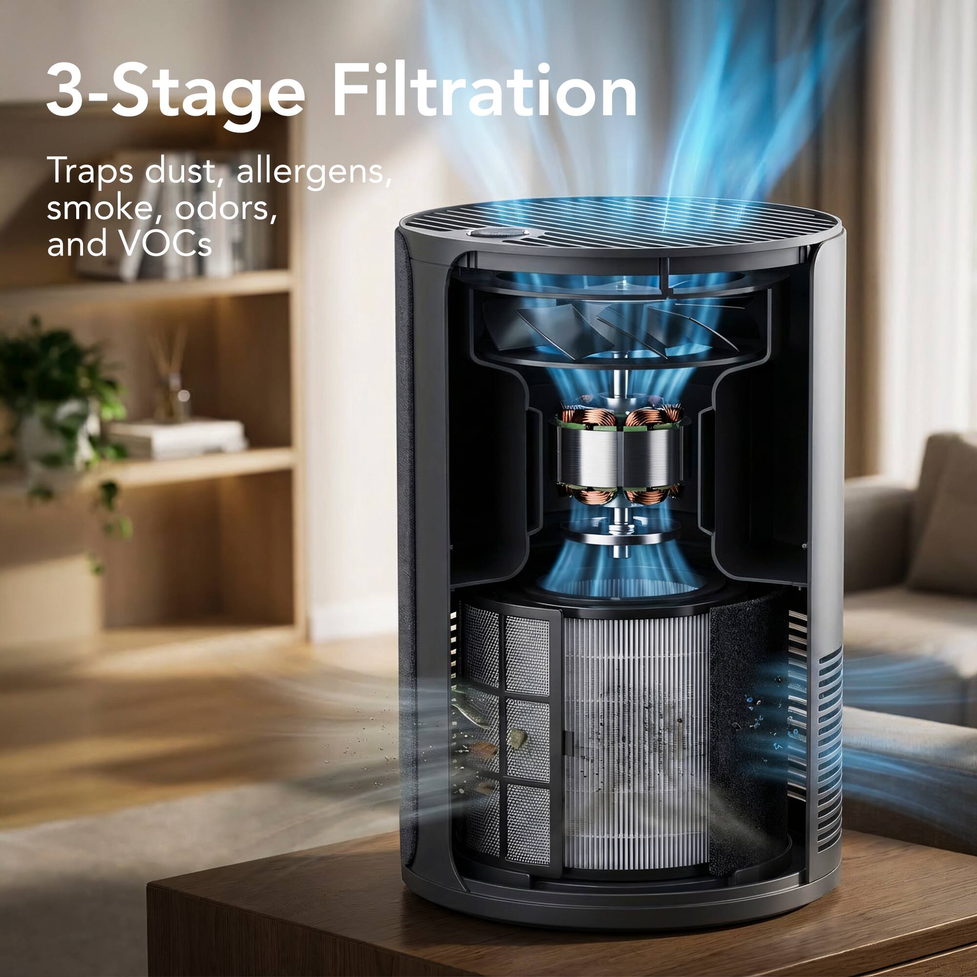 3-Stage Filtration  
Traps dust, allergens, smoke, odors, and VOCs