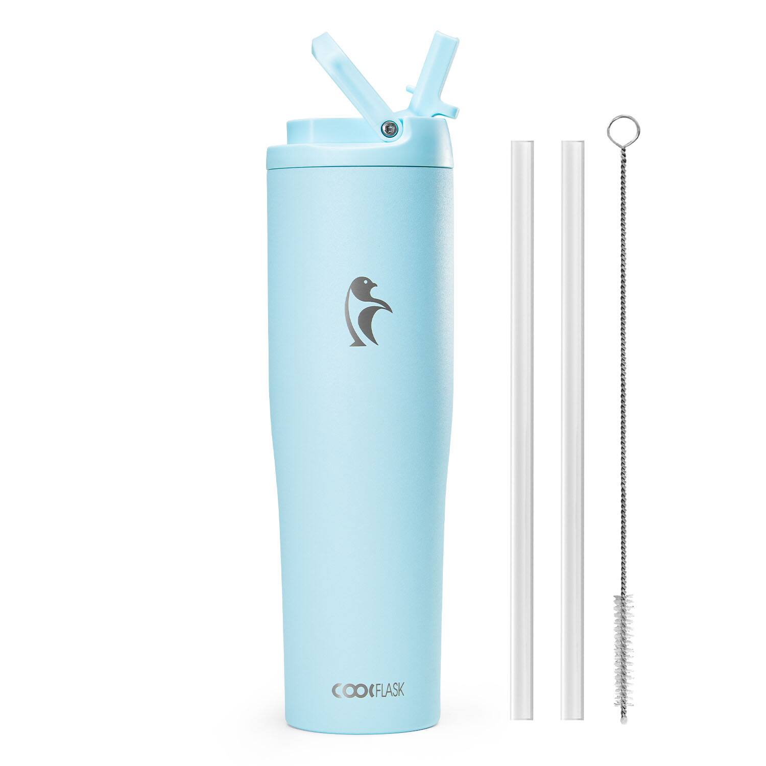 Front. Coolflask - Slim Tumbler Stainless Steel with Straw & Handle - Fits Car Cup Holder - 40oz Blue.