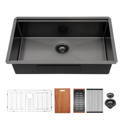 Front. Siljoy - 33x19x10"Undermount Single Bowl Stainless Steel Kitchen Sink with Workstation - Matte Black.