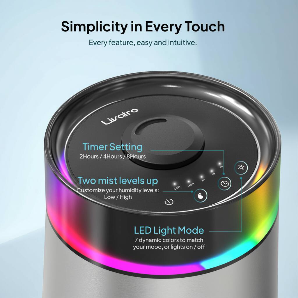Simplicity in Every Touch  
Every feature, easy and intuitive.

Livatro  
Timer Setting  
2Hours / 4Hours / 8Hours  

Two mist levels up  
Customize your humidity levels: Low / High  

LED Light Mode  
7 dynamic colors to match your mood, or lights on / off