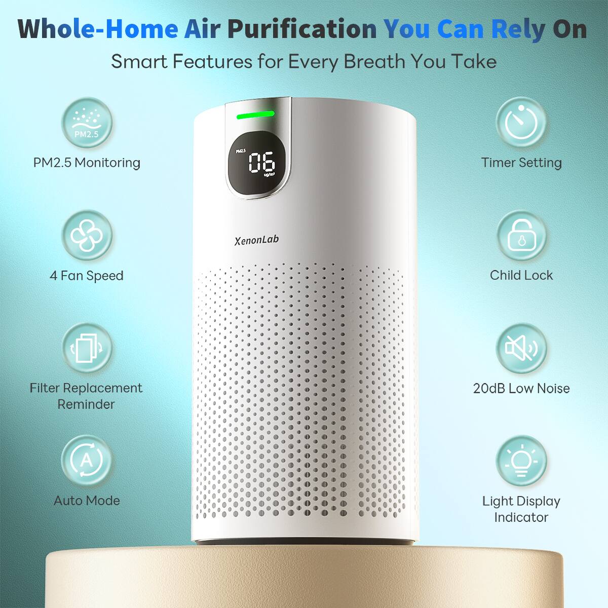 Whole-Home Air Purification You Can Rely On  
Smart Features for Every Breath You Take  

- PM2.5 Monitoring  
- 4 Fan Speed  
- Filter Replacement Reminder  
- Timer Setting  
- Child Lock  
- 20dB Low Noise  
- Auto Mode  
- Light Display Indicator