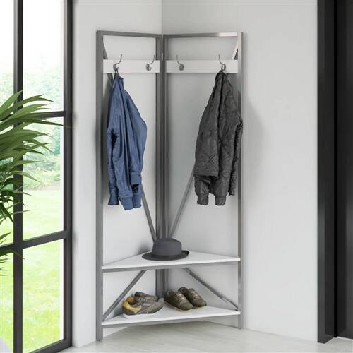 Angle. SlickBlue - Modern Metal Hall Tree Coat Rack with White Seat & Shoe Storage Bench - Black, White.