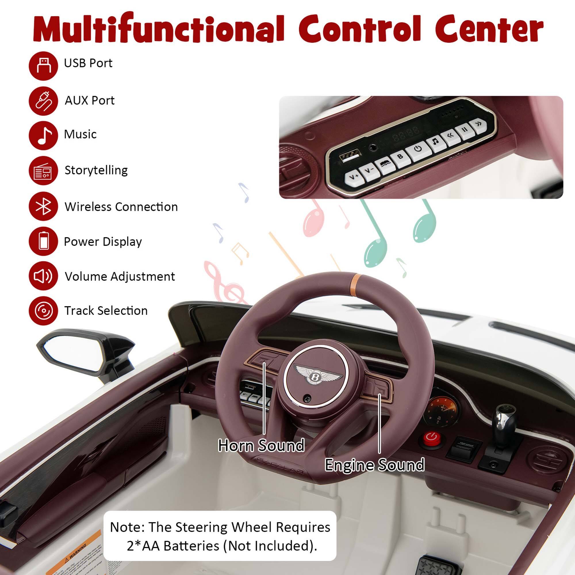 Multifunctional Control Center

- USB Port
- AUX Port
- Music
- Storytelling
- Wireless Connection
- Power Display
- Volume Adjustment
- Track Selection

Horn Sound
Engine Sound

Note: The Steering Wheel Requires 2*AA Batteries (Not Included).