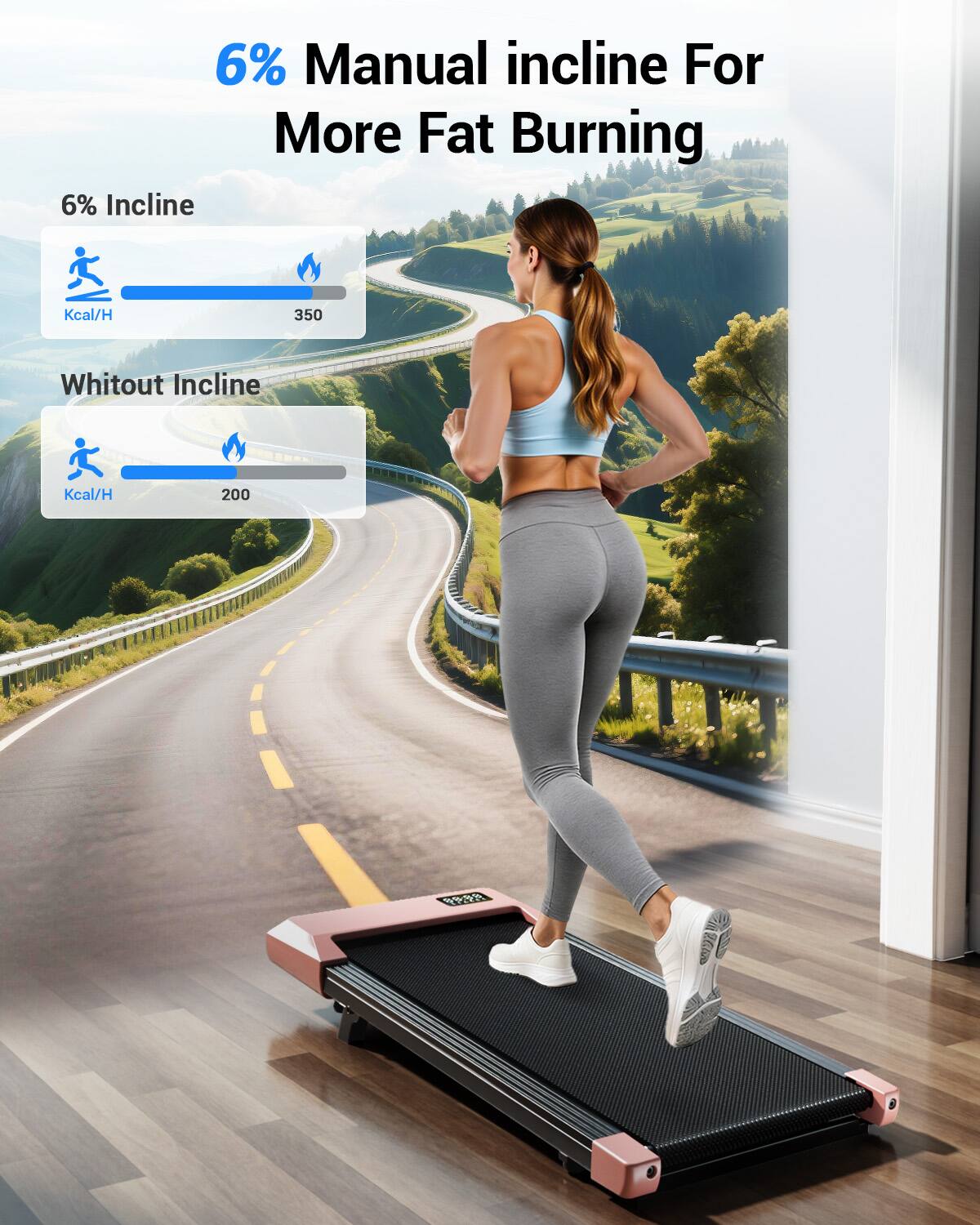 6% Manual incline For More Fat Burning

6% Incline  
Kcal/H 350

Whitout Incline  
Kcal/H 200