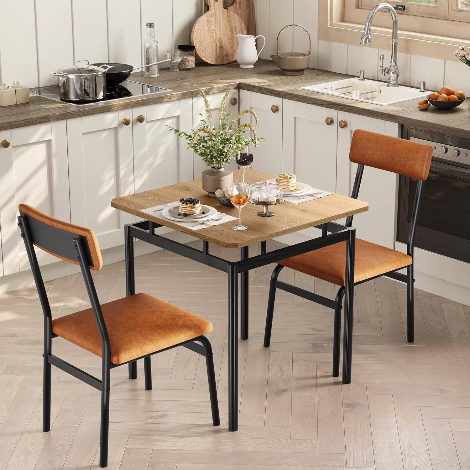 Front. Jojoka - Kitchen Table 3 Piece Dining Table Set for 2 Small Kitchen Table and 2 PU Upholstered Chairs - Multiple colors.