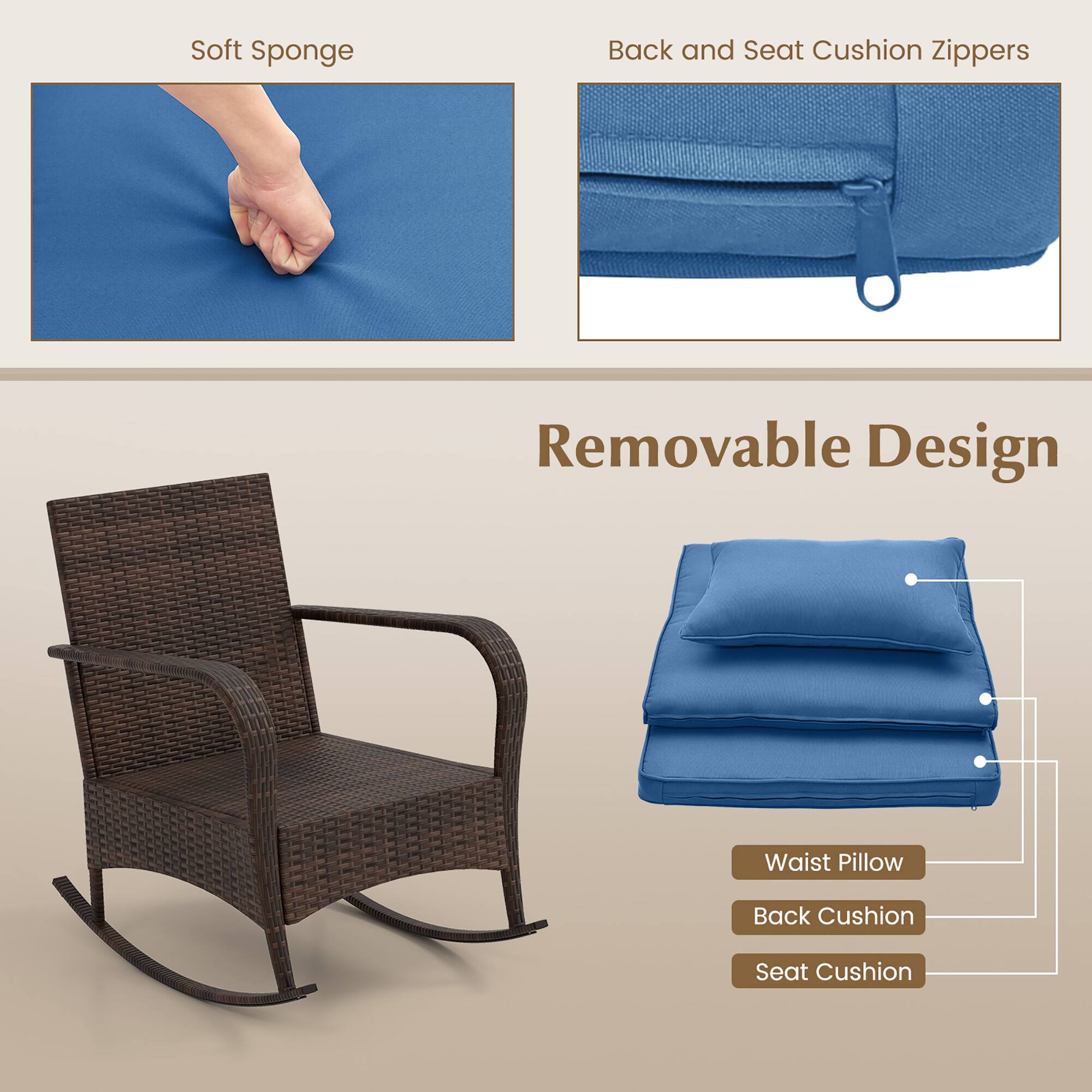 Soft Sponge, Back and Seat Cushion Zippers, Removable Design, Waist Pillow, Back Cushion, Seat Cushion