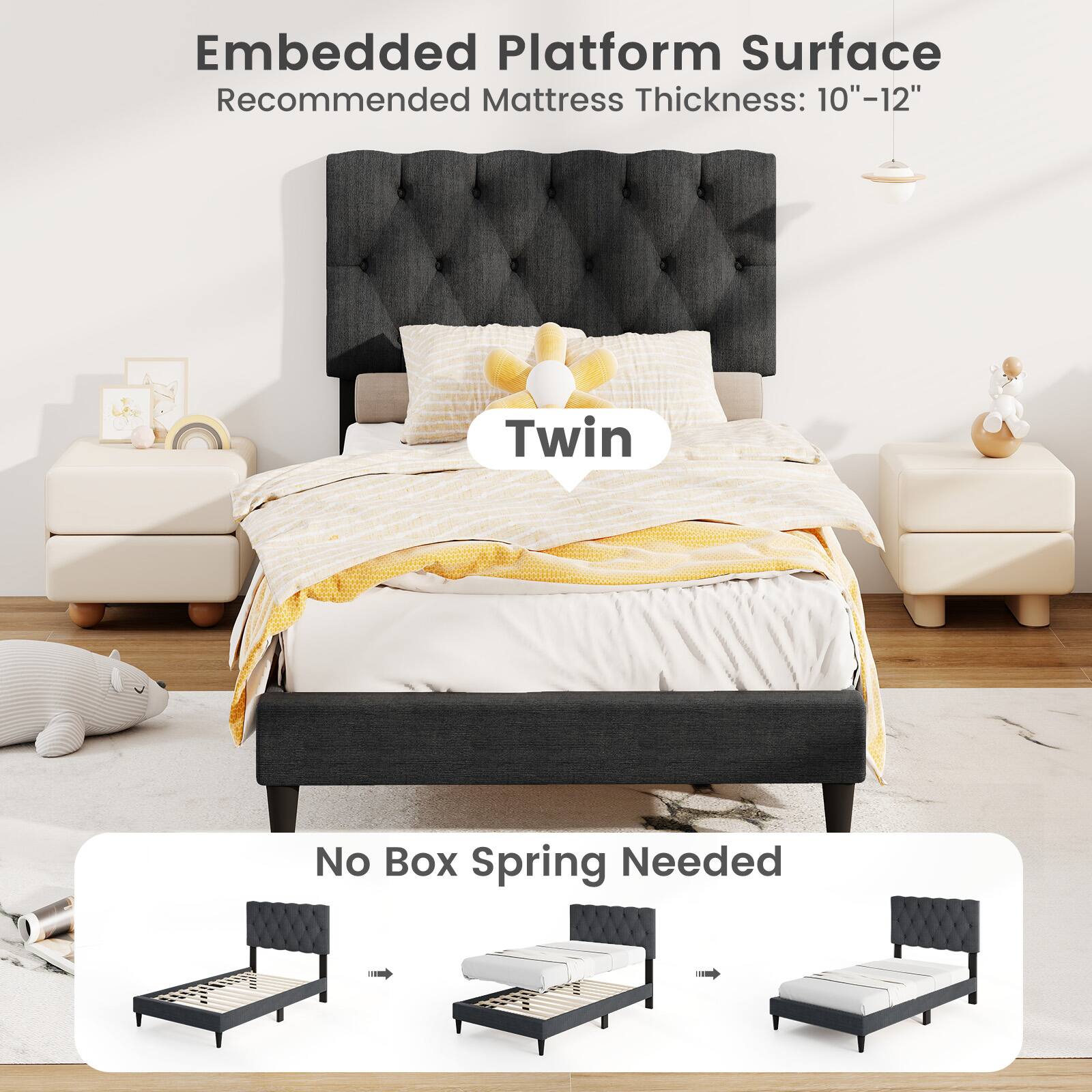 Embedded Platform Surface  
Recommended Mattress Thickness: 10"-12"  
Twin  
No Box Spring Needed