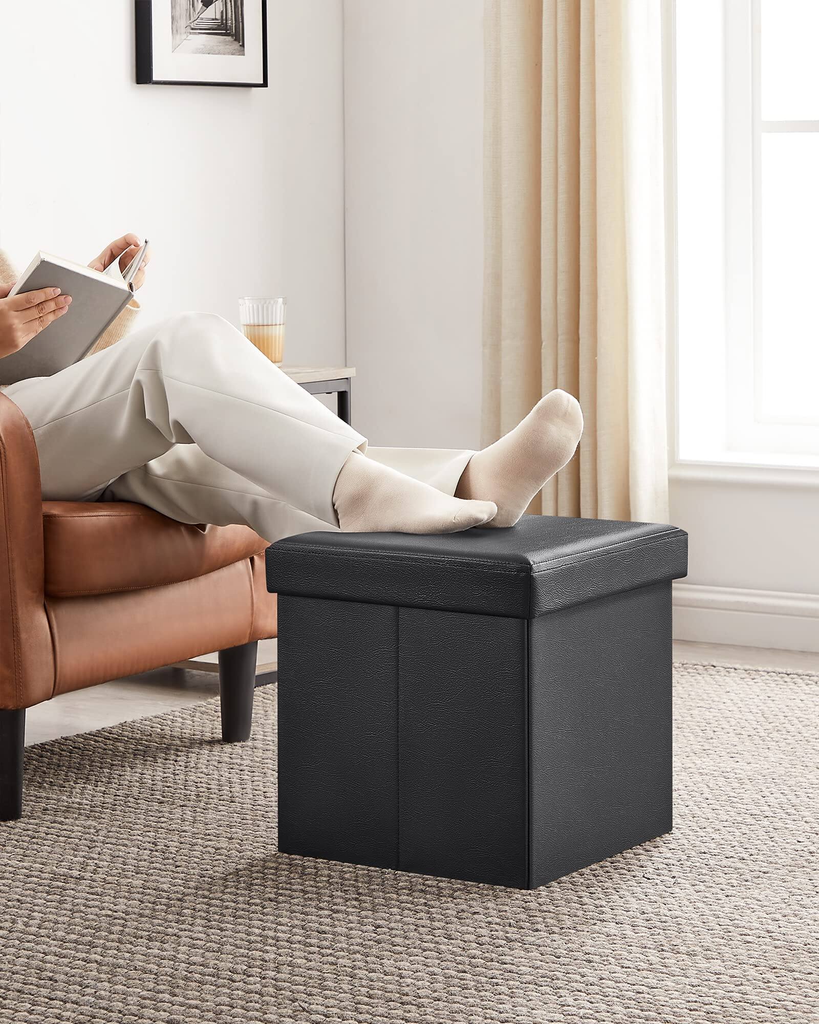 Alt View 2. Songmics Home - 15-Inch Storage Ottoman – Footstool and Seat with Synthetic Leather Supports Up to 660 lb in Black - Black.
