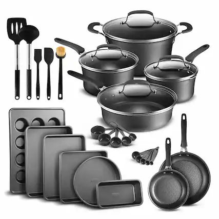 Front. Bakken- Swiss - Pots and Pans Set Non Stick Ceramic, 23-Piece Cookware & Bakeware Sets with Plaid Pattern, Stackable Design, Dishwasher - Black.
