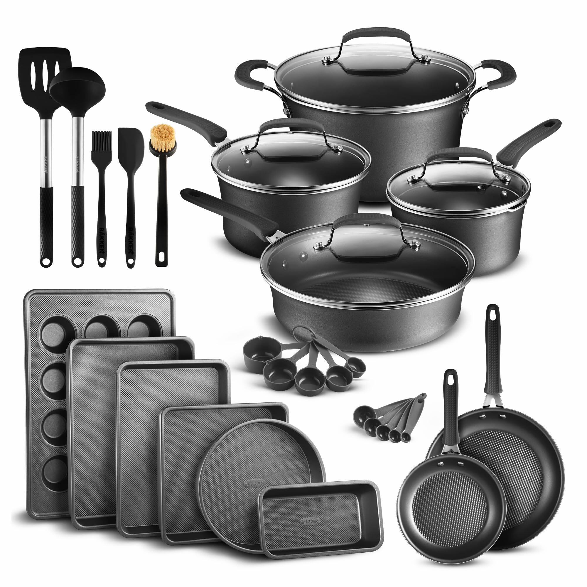 Bakken- Swiss - Pots and Pans Set Non Stick Ceramic, 23-Piece Cookware & Bakeware Sets with Plaid Pattern, Stackable Design, Dishwasher - Black