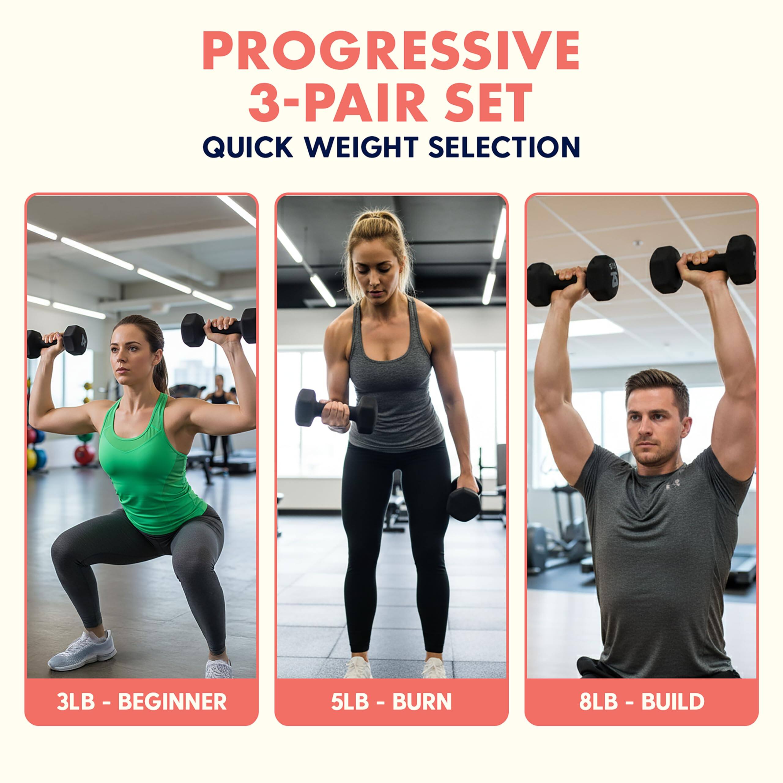 PROGRESSIVE 3-PAIR SET QUICK WEIGHT SELECTION

3LB - BEGINNER

5LB - BURN

8LB - BUILD