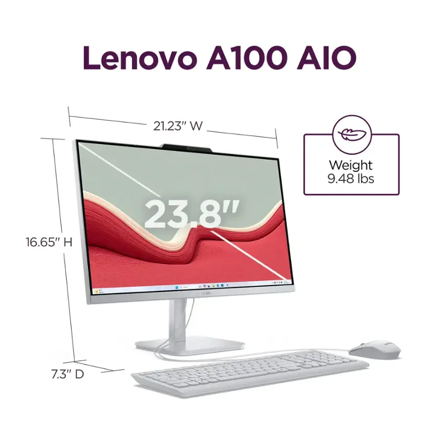 Lenovo A100 AIO 21.23" W 16.65" H 23.8" Weight 9.48 lbs.