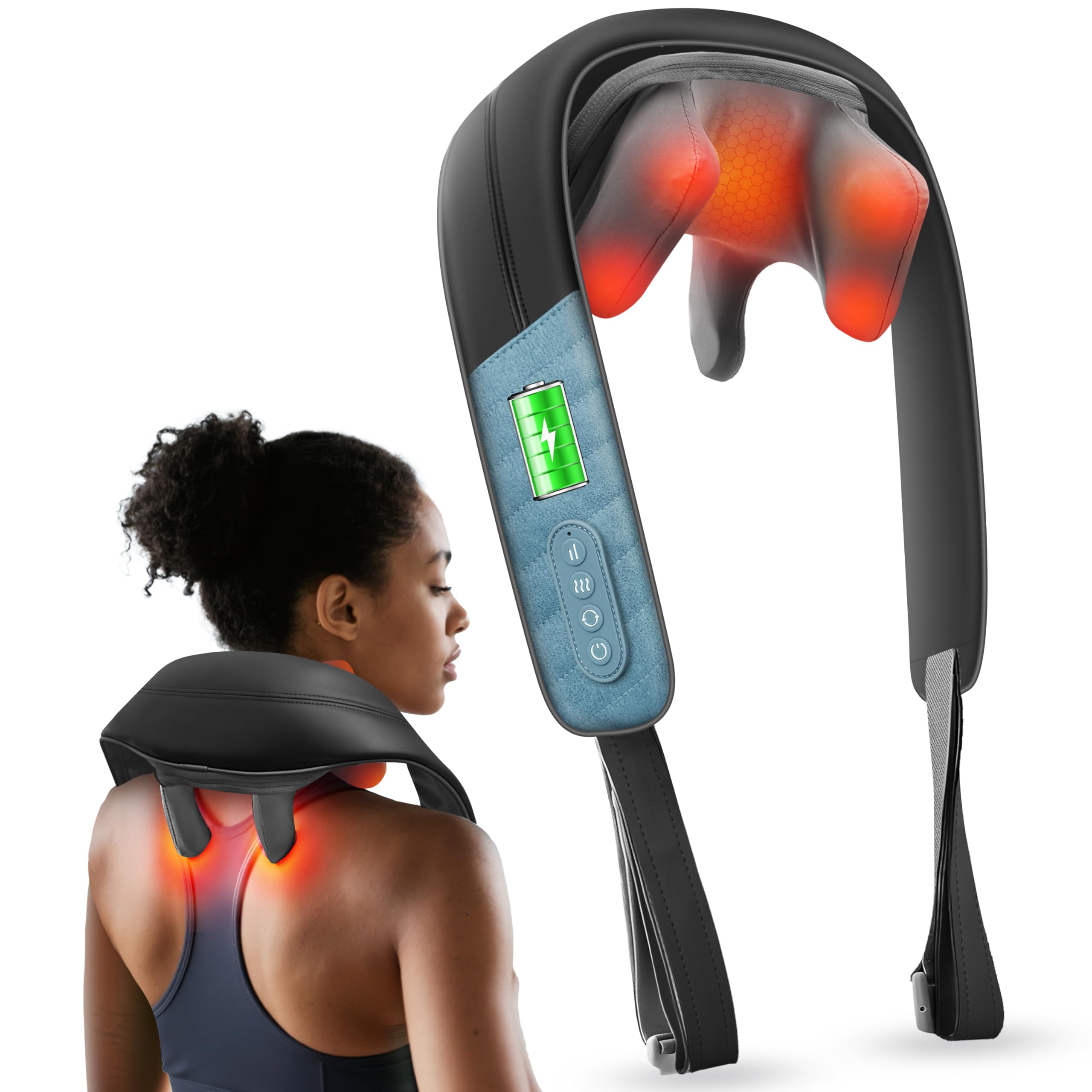 Live At Space - Cordless Shiatsu Neck Massager with Heat, 4D Kneading, 2 Levels, Deep Tissue Pillow Gift - 642146669347