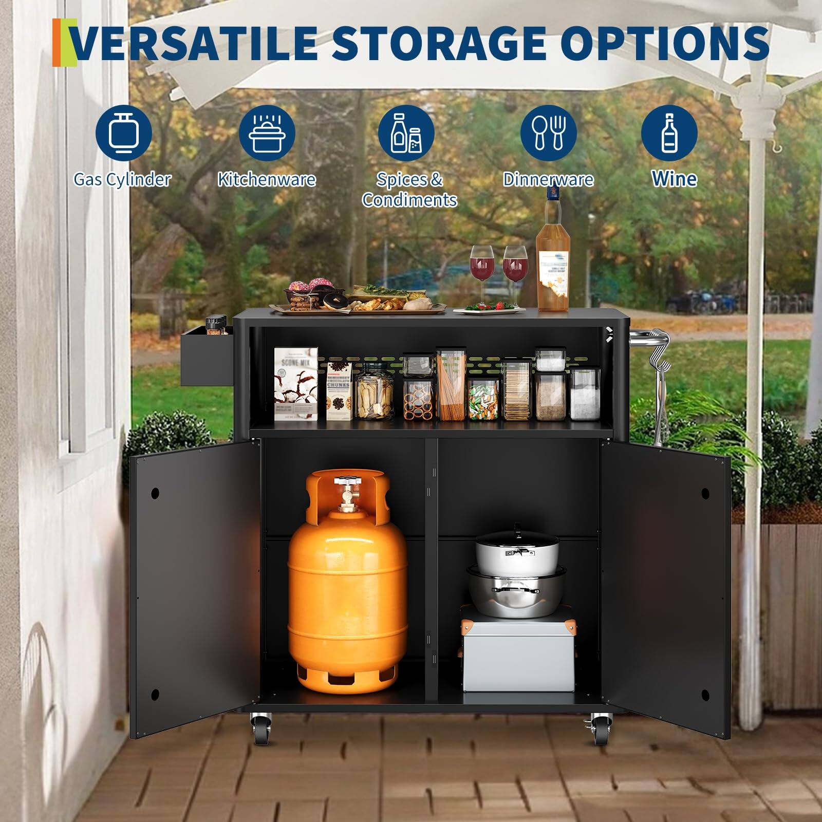 VERSATILE STORAGE OPTIONS

- Gas Cylinder
- Kitchenware
- Spices & Condiments
- Dinnerware
- Wine