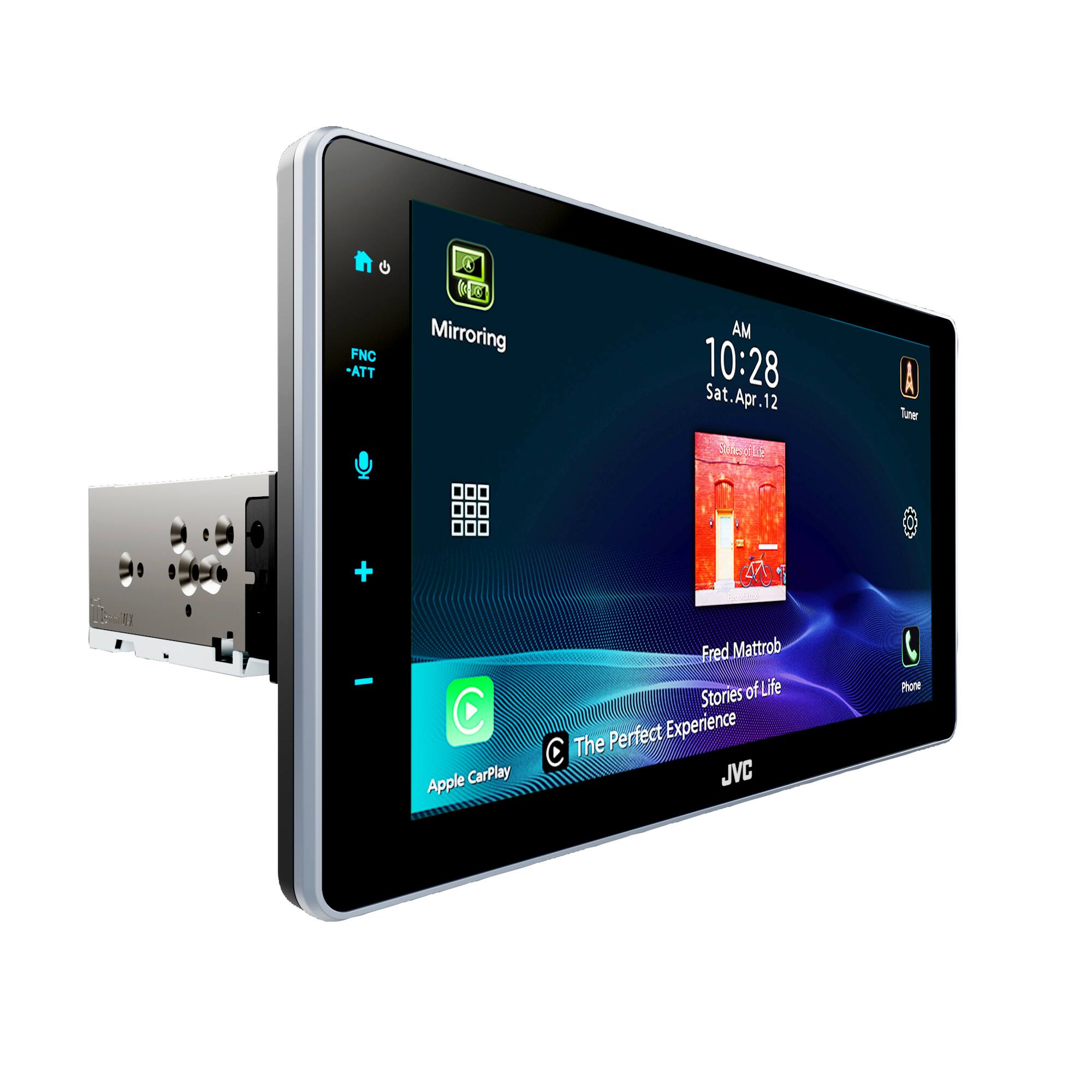 FNC - ATT  
Mirroring  
AM 10:28  
Sat. Apr. 12  

Fred Mattrob  
Stories of Life  
The Perfect Experience  

Apple CarPlay  

JVC