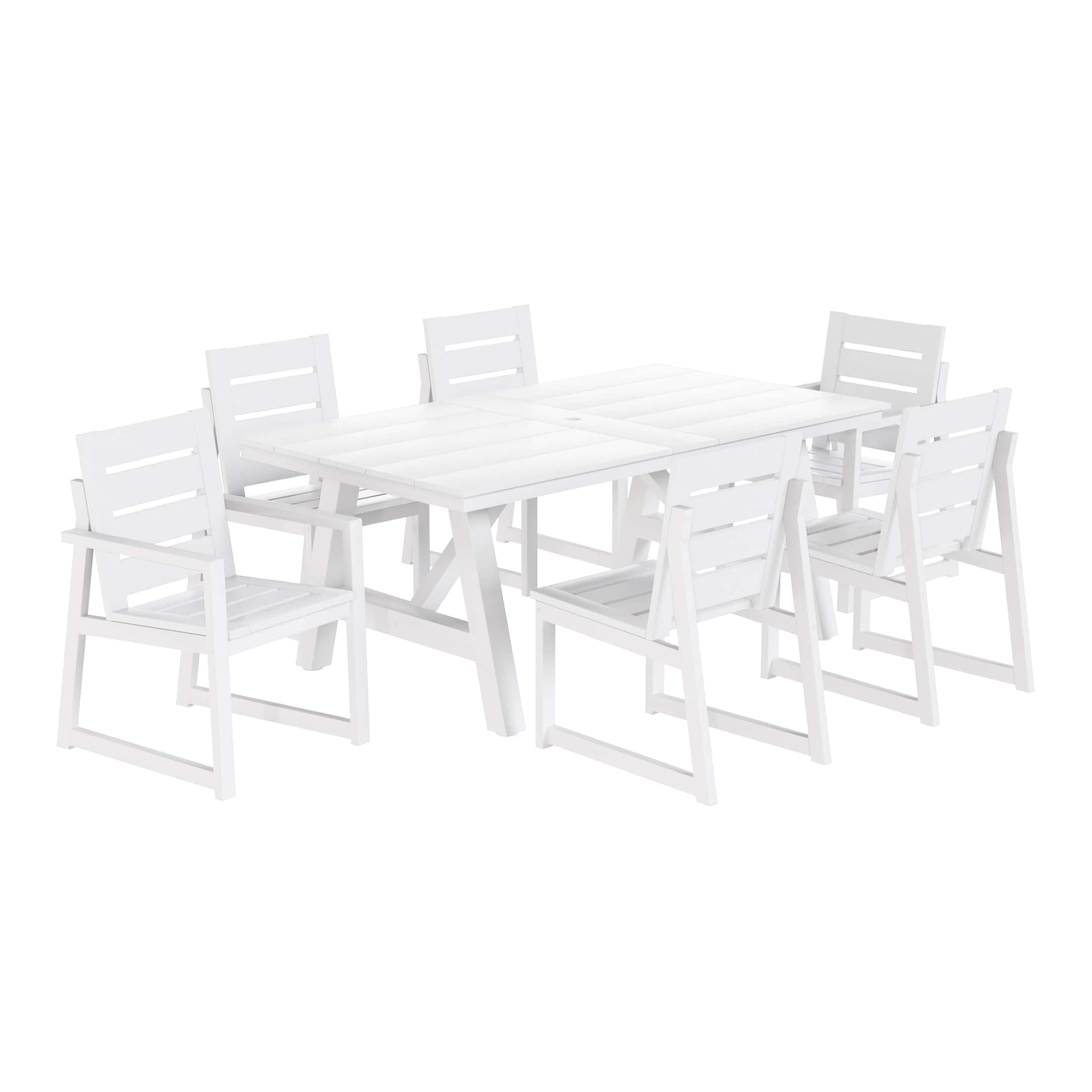 WestinTrends - Cape May 7-Piece HDPE Outdoor Furniture Patio Dining Table With Umbrella Hole and Chairs Set For 6 - White