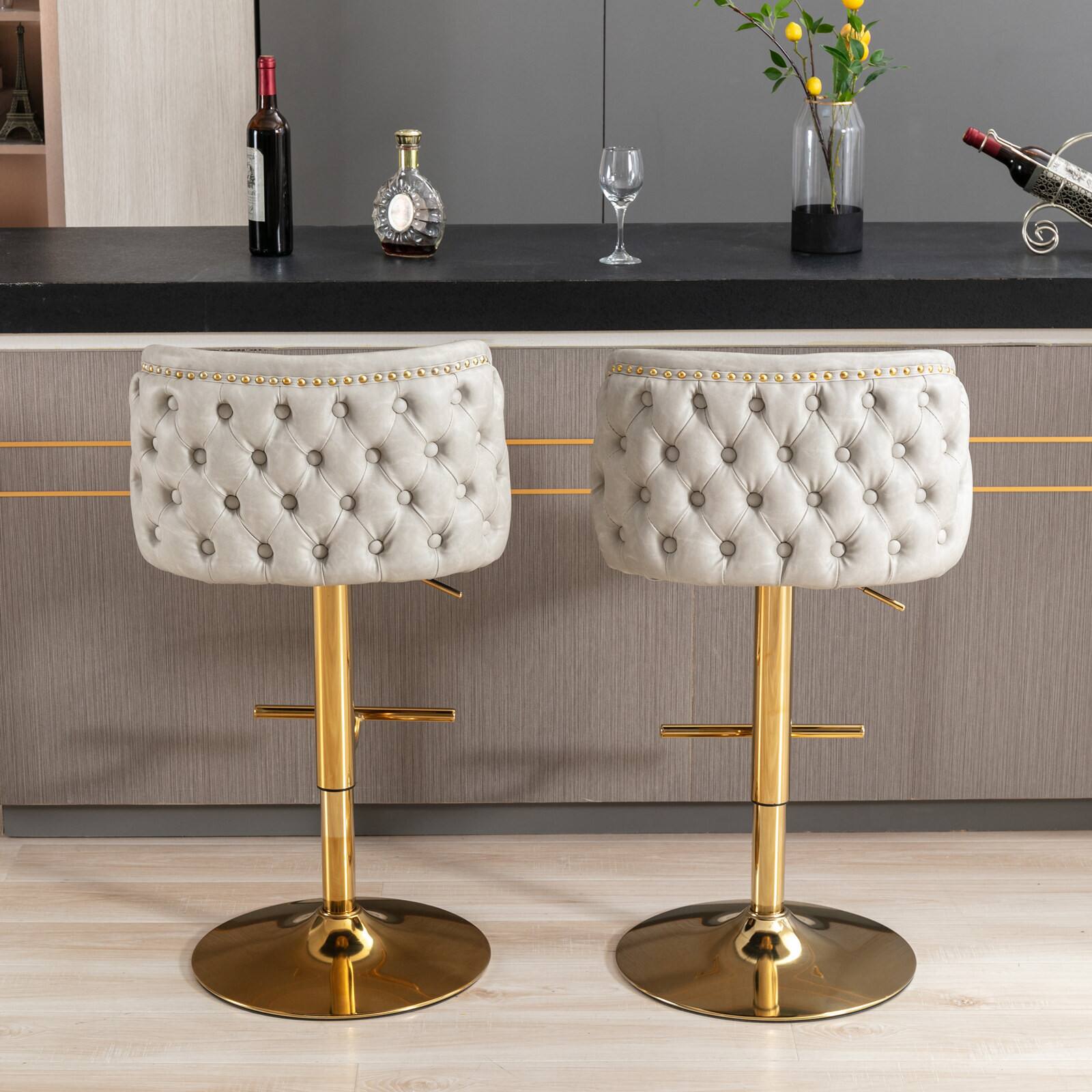 Back. Trinkets Crazed - Swivel Barstools Set of 2, Adjusatble Seat Height with Gold-Plating Base, Classic PU Upholstered Bar Stools - Beige.