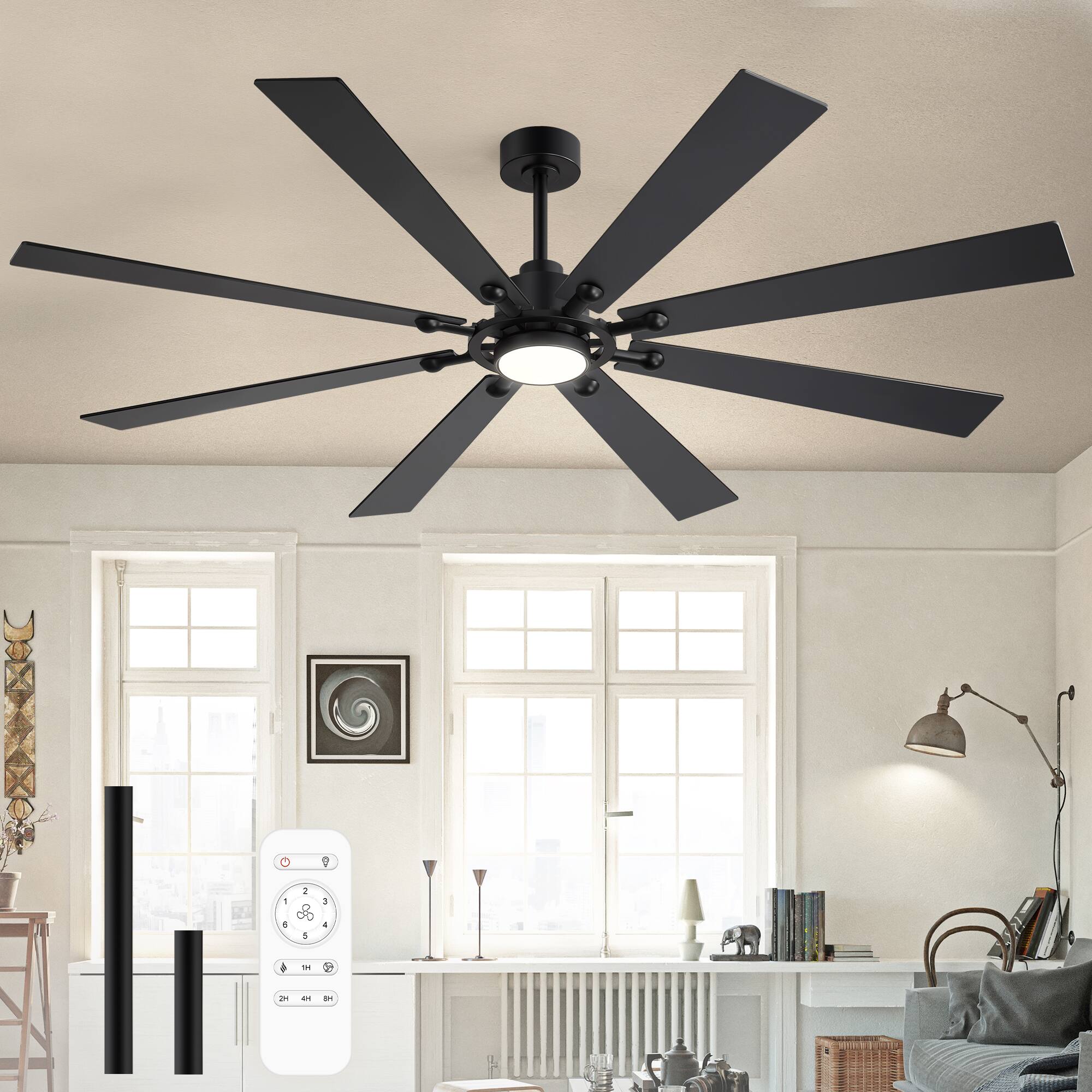 Back. Breezary - 72-Inch LED Ceiling Fan, 8 Blades, 22W DC Motor, 3 Color Temperatures, Remote Control, 6 Speed Settings, 6"&10" Downrods - 72-inch Black.