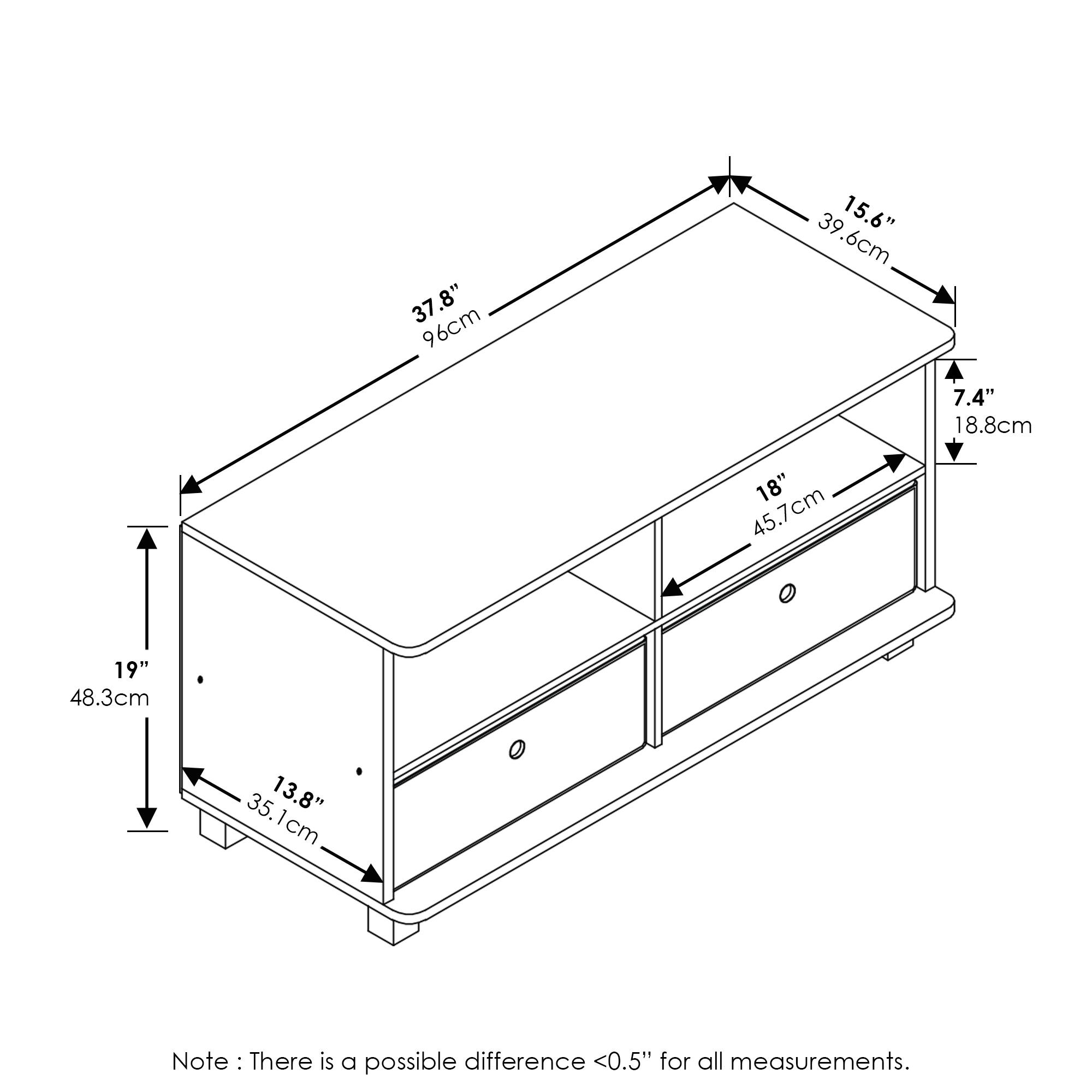 37.8" 96cm  
39.6" 39.6cm  
15.6" 39.6cm  
7.4" 18.8cm  
18" 45.7cm  
19" 48.3cm  
13.8" 35.1cm  

Note: There is a possible difference <0.5" for all measurements.