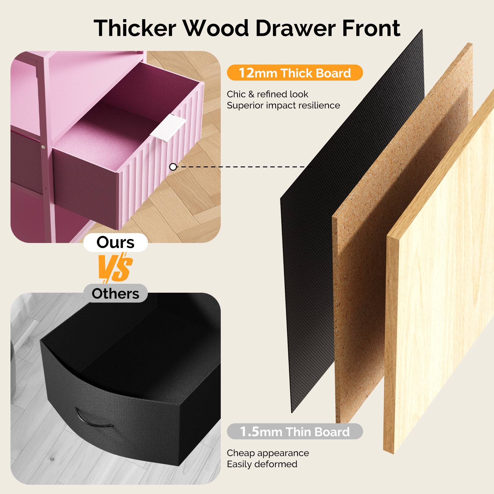 Thicker Wood Drawer Front

12mm Thick Board
Chic & refined look
Superior impact resilience

Ours VS Others

1.5mm Thin Board
Cheap appearance
Easily deformed