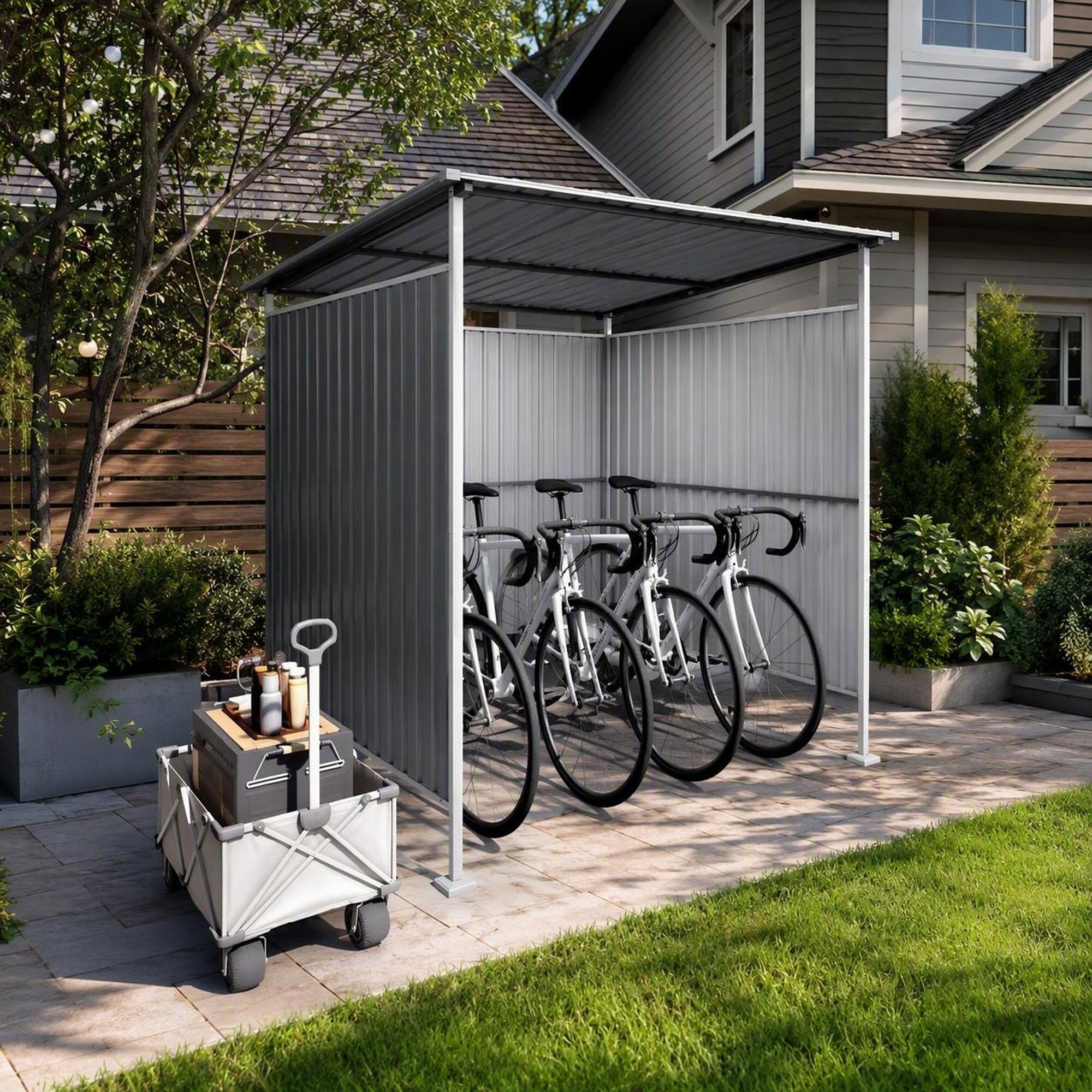 Left. RYHNUYNE - 6x6 FT Outdoor Pergola,Hardtop Lean-to Grill Gazebo & Bike Storage Shed for Patio Deck Lawn Backyard - Gray.