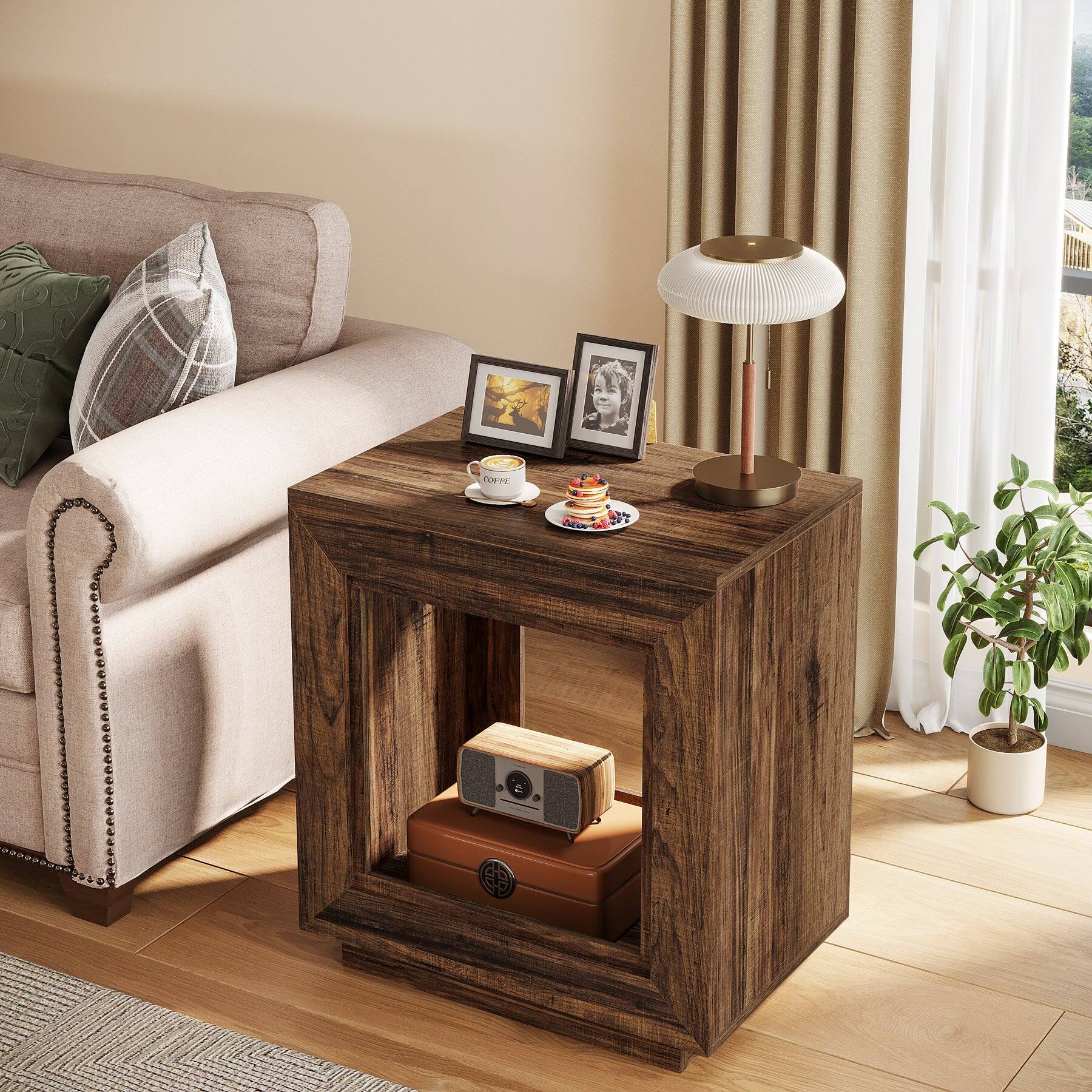 Tribesigns End Table with Wood Construction, Storage Shelves and Space ...