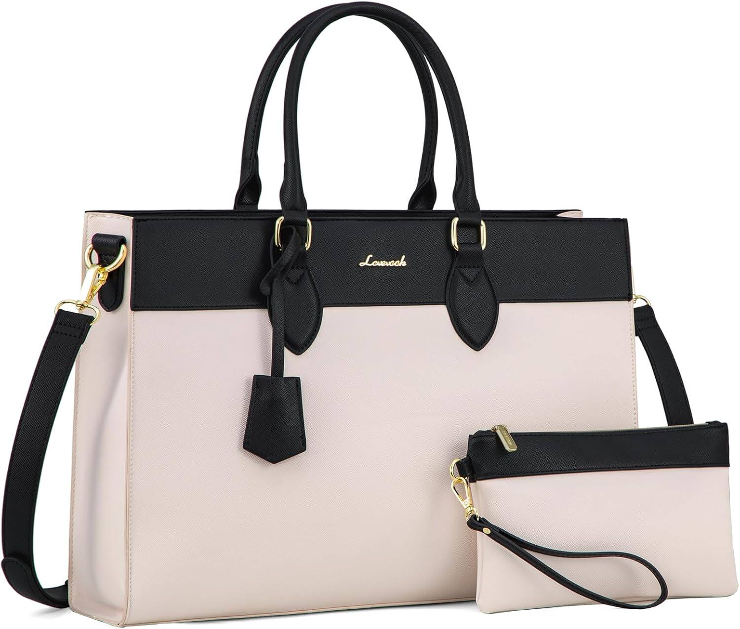 Front. Vulpecula Spade - Laptop Bag for Women, Laptop Tote Work Bag Purse, Large Waterproof Leather Computer Briefcase for Office - Beige-black.