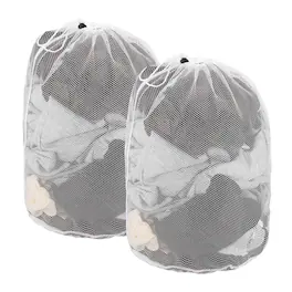 Unique Bargains - Practical 2pcs Mesh Laundry Bag 23.6x19.7 Inch Large Drawstring Net Coarse Mesh for Washing Machine and Home Travel - White
