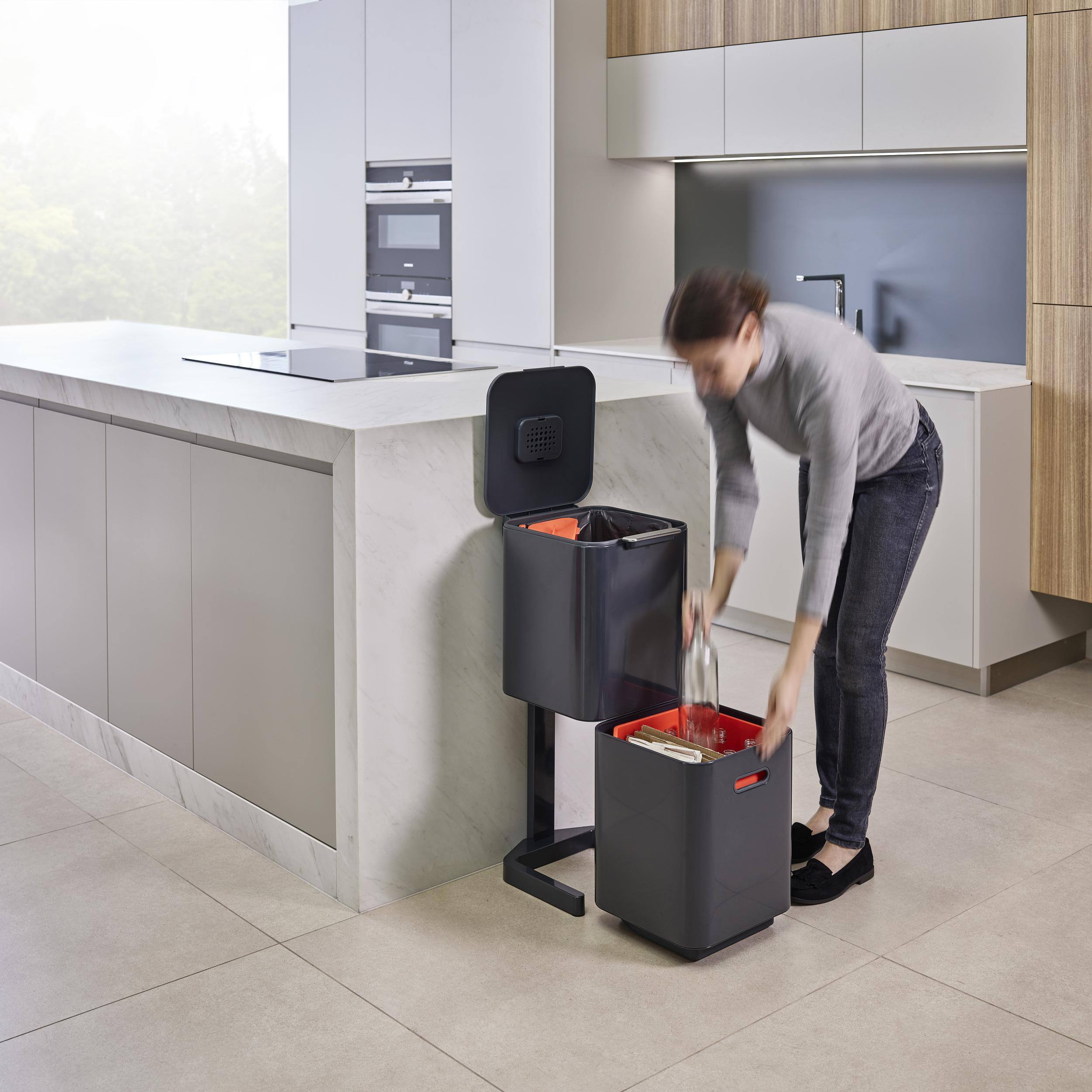 Alt View 1. Joseph Joseph - Totem Compact 40-liter Waste & Recycling Dual Kitchen Trash Can - Graphite.