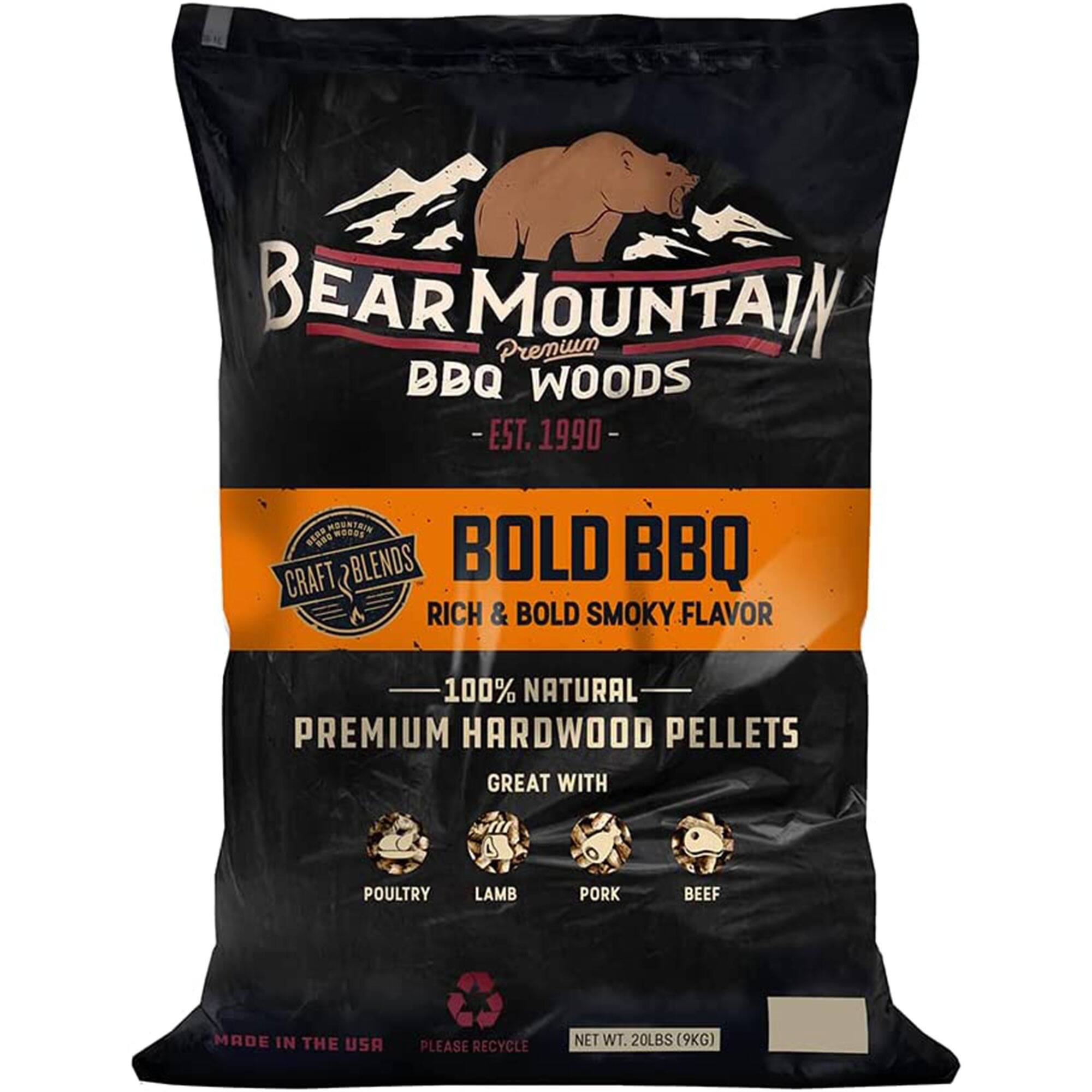 BEAR MOUNTAIN Premium BBQ WOODS EST. 1990  
BOLD BBQ  
RICH & BOLD SMOKY FLAVOR  
100% NATURAL PREMIUM HARDWOOD PELLETS  
GREAT WITH POULTRY LAMB PORK BEEF  
MADE IN THE USA  
PLEASE RECYCLE  
NET WT. 20LBS (9KG)