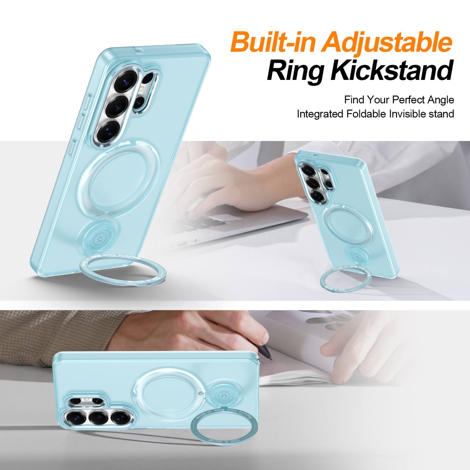 Built-in Adjustable Ring Kickstand  
Find Your Perfect Angle  
Integrated Foldable Invisible Stand  

Case  
Magnate in On DESTOM  
POLICE - AQUE  
in Madala Cariva fo SUANCI Magsafe  
4515.30  
TECH