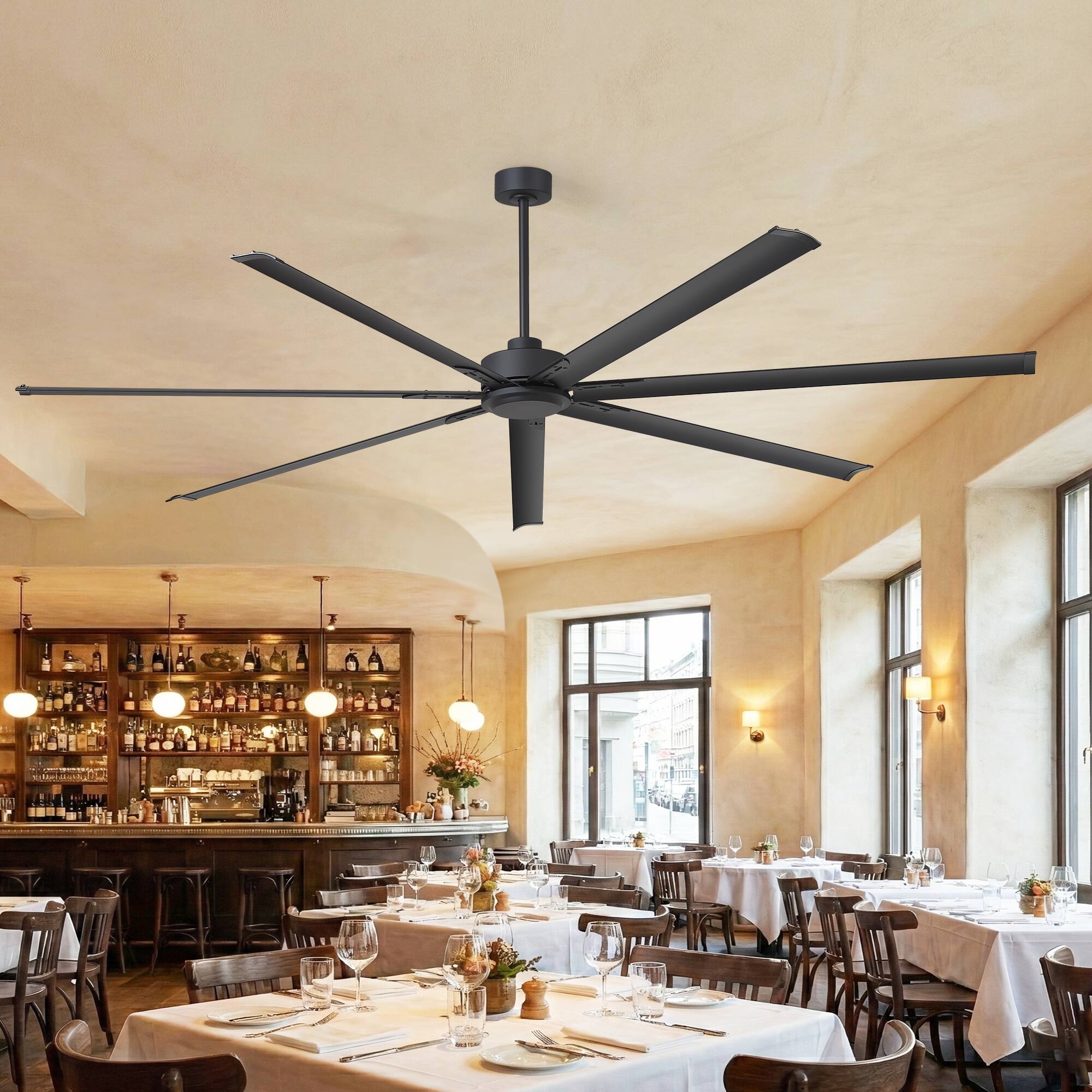 Angle. Breezary - 96-Inch Extra Large Ceiling Fan Without Light, DC Motor, 7 Aluminum Blades, 6-Speed Remote with Timer - 96-inch Black.