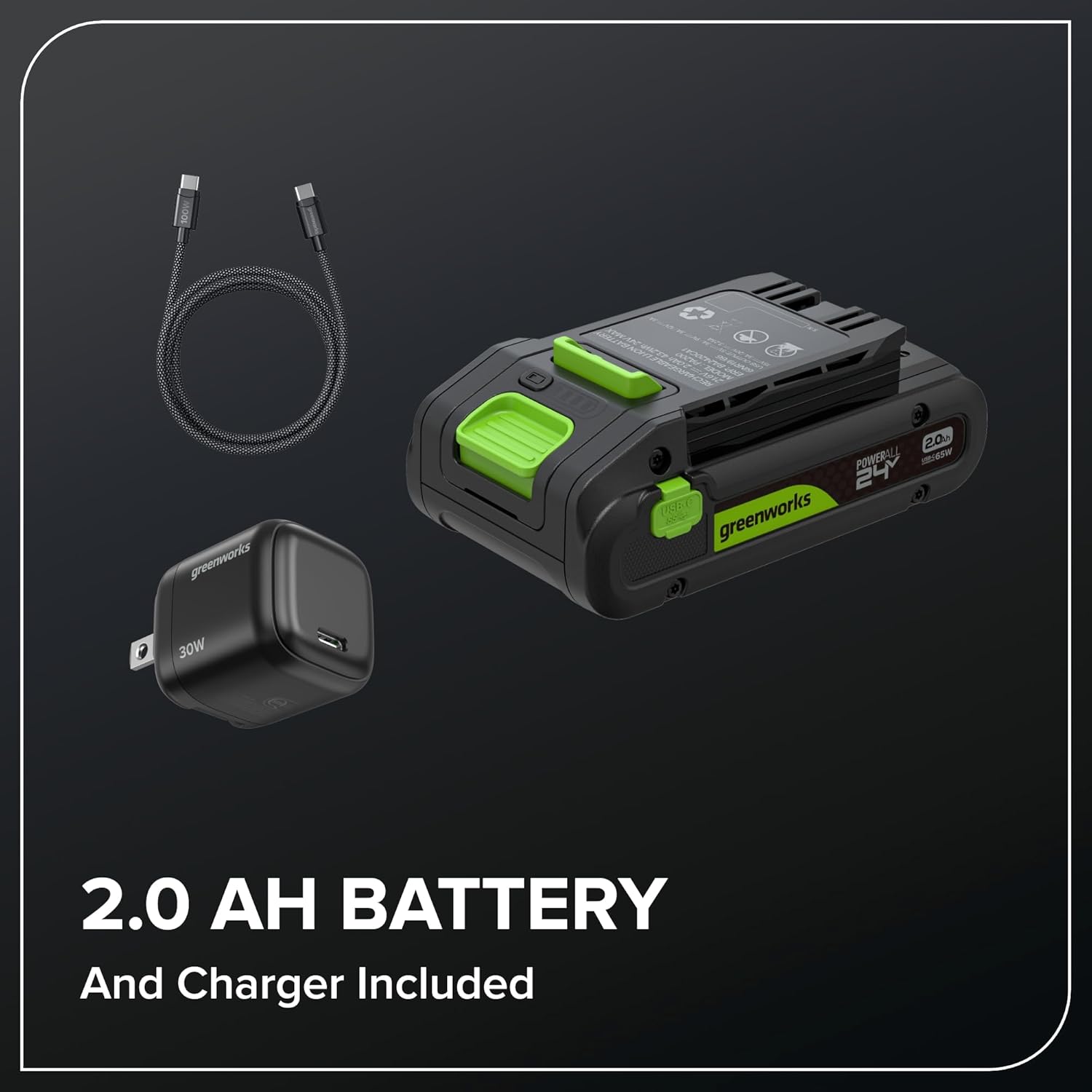 C C greenworks 200 POWERALL -W 24 pstare greenworks Jaa 30W 2.0 BATTERY And Charger Included

2.0 AH BATTERY
And Charger Included