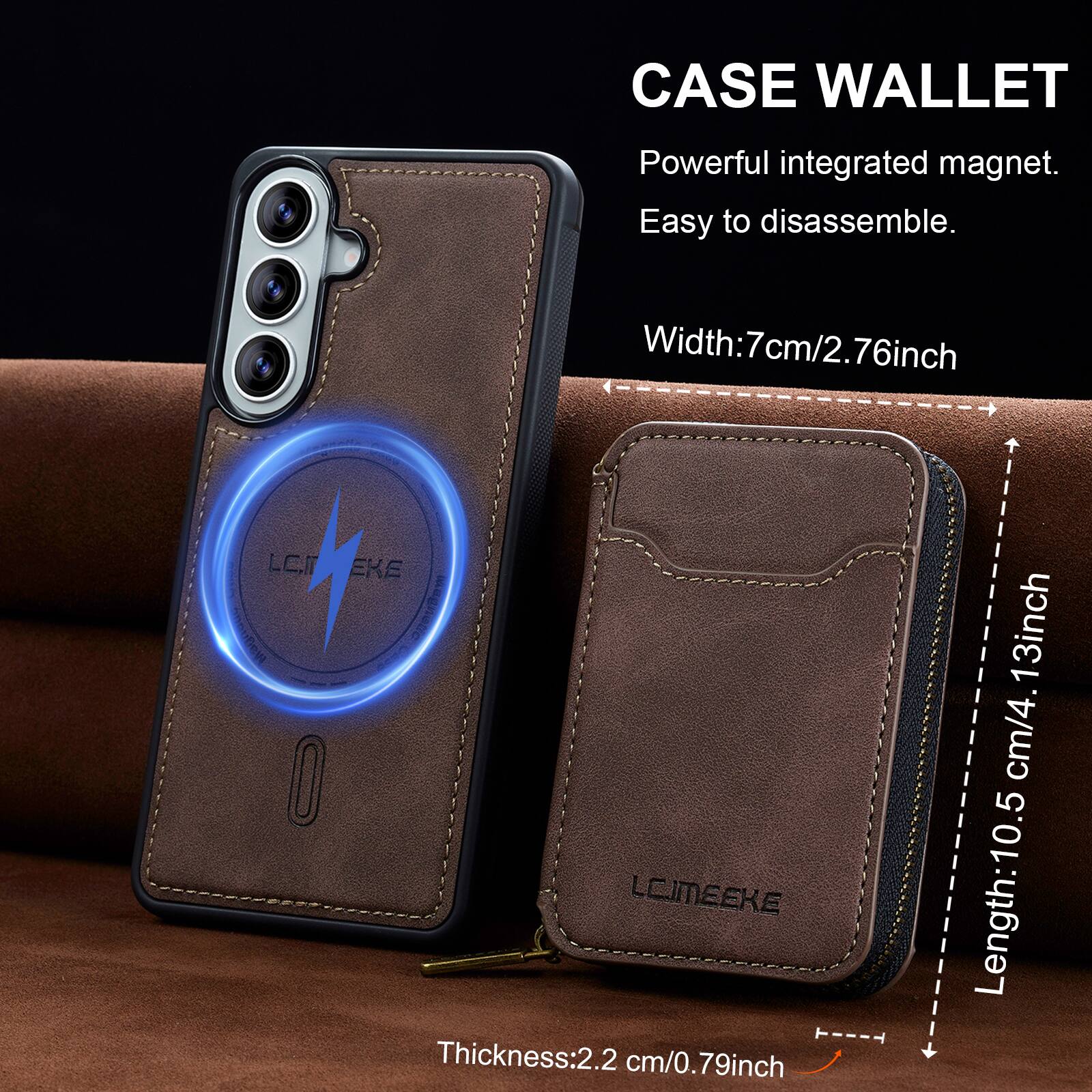 CASE WALLET  
Powerful integrated magnet.  
Easy to disassemble.  

Width: 7cm/2.76inch  
Thickness: 2.2 cm/0.79inch  
Length: 10.5 cm/4.13inch