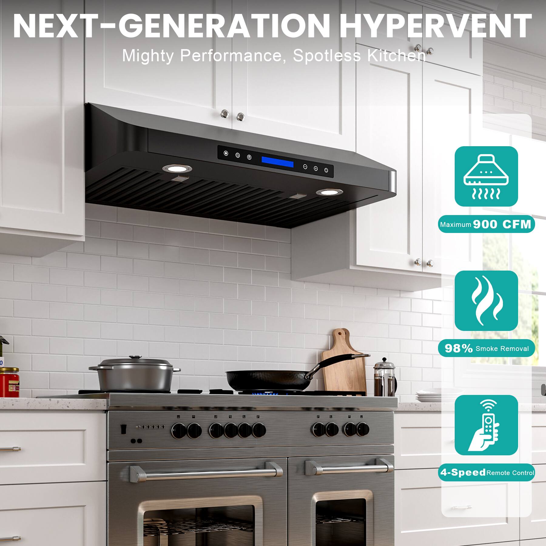NEXT-GENERATION HYPERVENT  
Mighty Performance, Spotless Kitchen  

- Maximum 900 CFM  
- 98% Smoke Removal  
- 4-Speed Remote Control