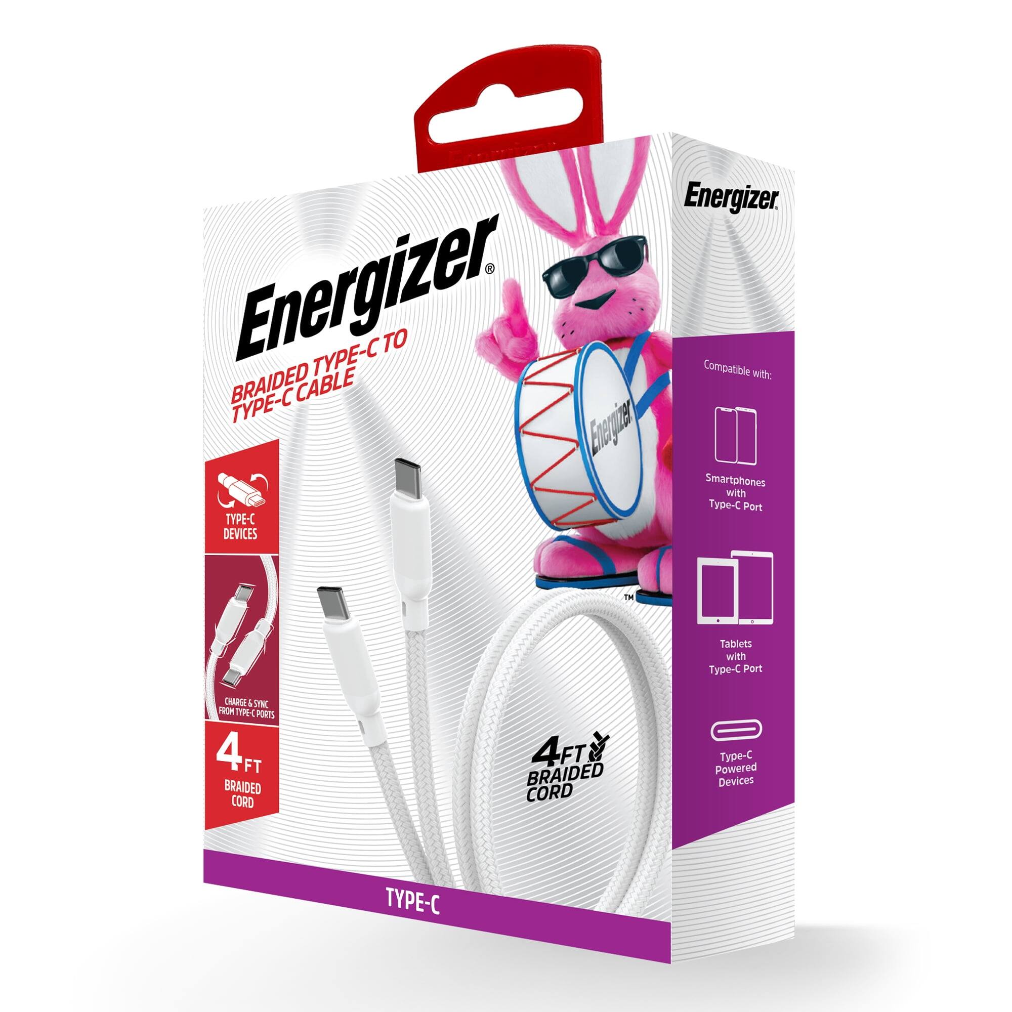 Energizer. Energizer. BRAIDED TYPE-C TO TYPE-C CABLE. Compatible with Smartphones with Type-C Port, Tablets with Type-C Port, Type-C Powered Devices. 4 FT BRAIDED CORD.