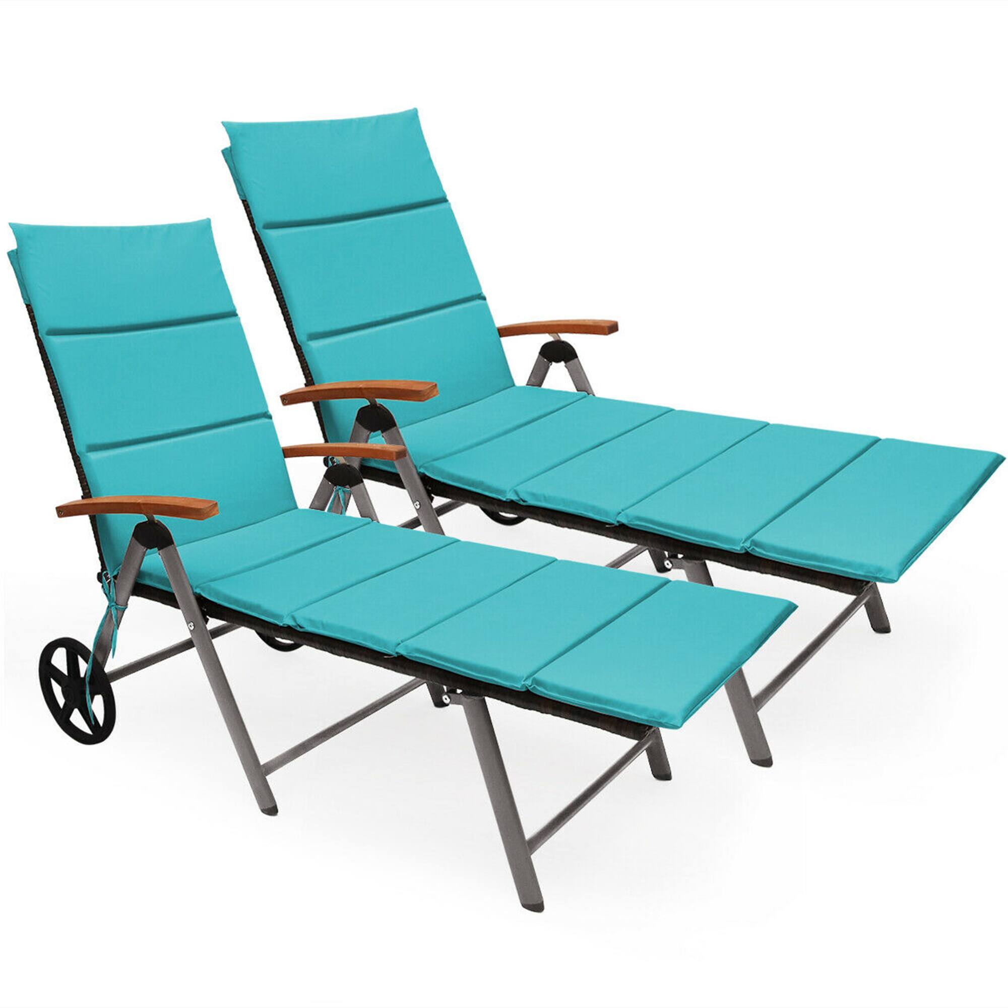 Alt View 1. Gymax - Gymax 2PCS Folding Patio Rattan Lounge Chair Cushioned Aluminum Adjust Wheel Turquoise - Turquoise.