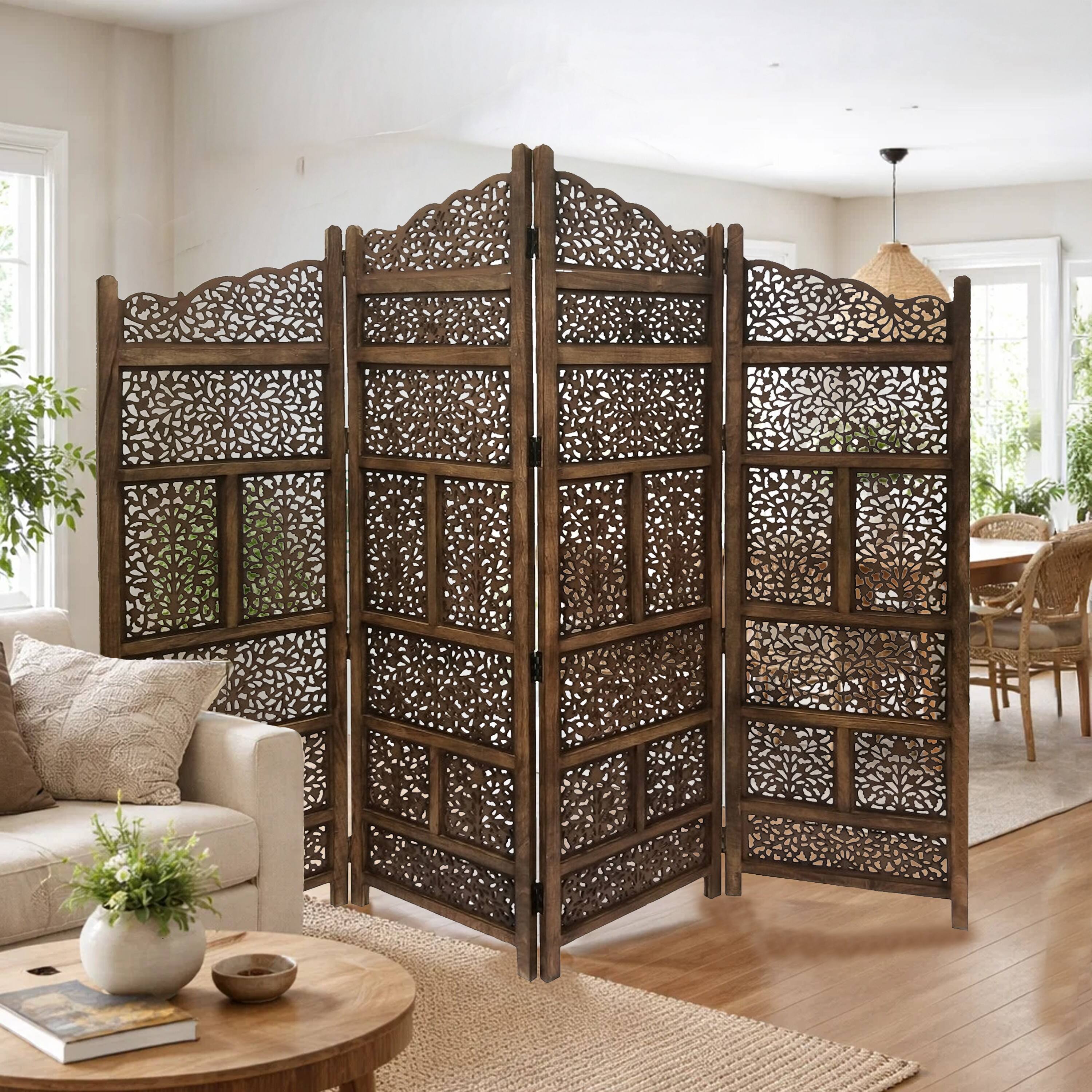 Alt View 9. Manhattan Lane - Benzara Hand Carved Foldable 4 Panel Wooden Partition Screen/RoomDivider - Brown.