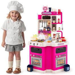 Costway - Kids Kitchen Playset with Sounds Lights Steam Play Sink 113 PCS Accessories - Pink