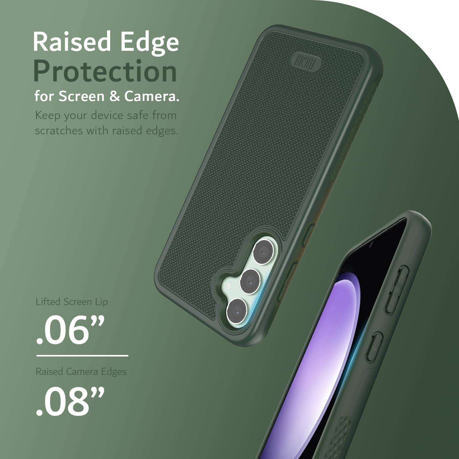 Raised Edge Protection for Screen & Camera.  
Keep your device safe from scratches with raised edges.  

Lifted Screen Lip .06"  
Raised Camera Edges .08"
