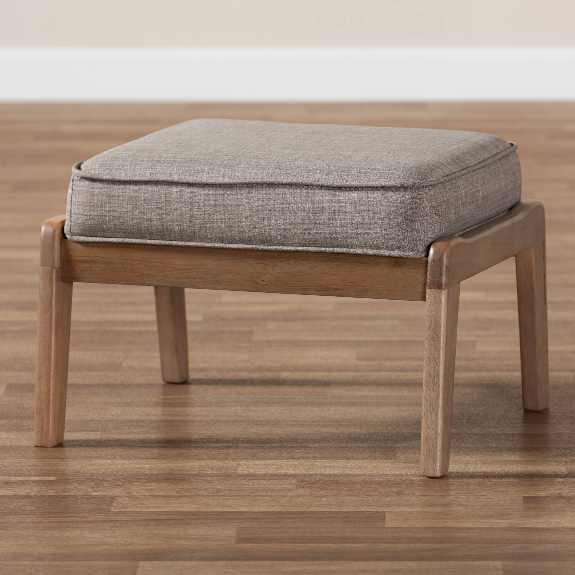 Alt View 2. Baxton Studio - Sigrid Mid-Century Modern Fabric Upholstered Antique Oak Finished Wood Ottoman - Light Grey/Antique Oak.