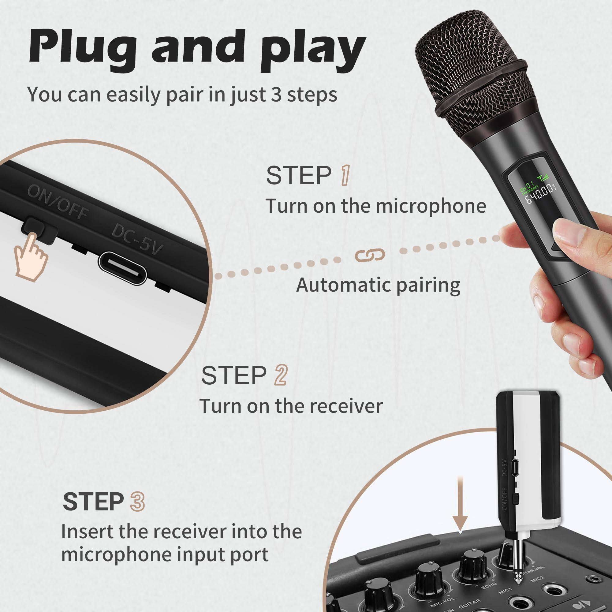 Plug and play  
You can easily pair in just 3 steps  

STEP 1  
Turn on the microphone  
Automatic pairing  

STEP 2  
Turn on the receiver  

STEP 3  
Insert the receiver into the microphone input port