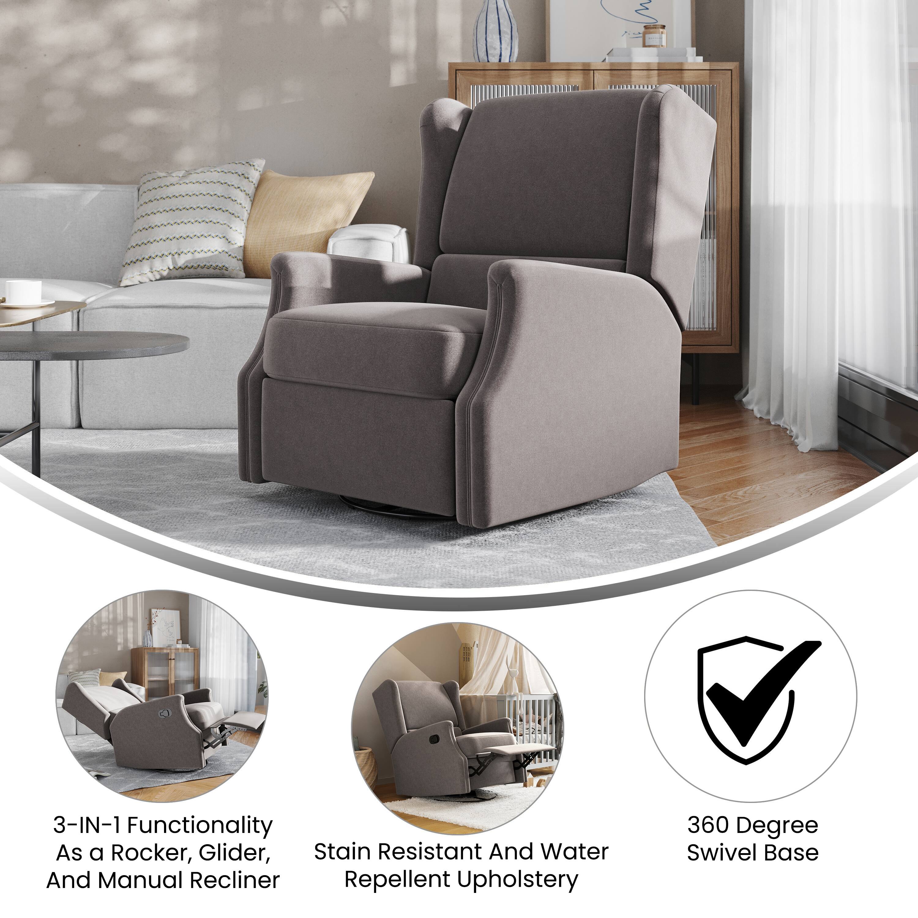 3-IN-1 Functionality  
As a Rocker, Glider, Stain Resistant And Water And Manual Recliner  
Repellent Upholstery  
360 Degree Swivel Base