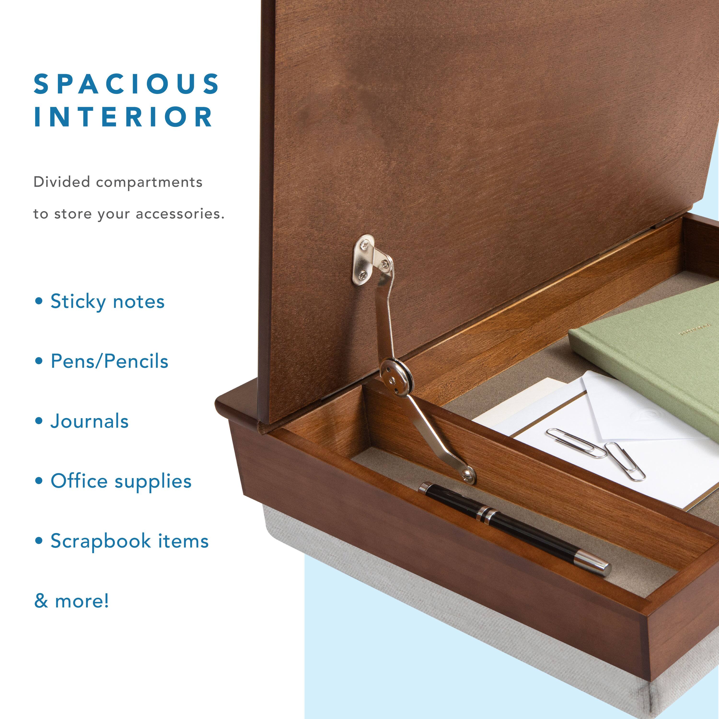 SPACIOUS INTERIOR

Divided compartments to store your accessories.

- Sticky notes
- Pens/Pencils
- Journals
- Office supplies
- Scrapbook items
- & more!