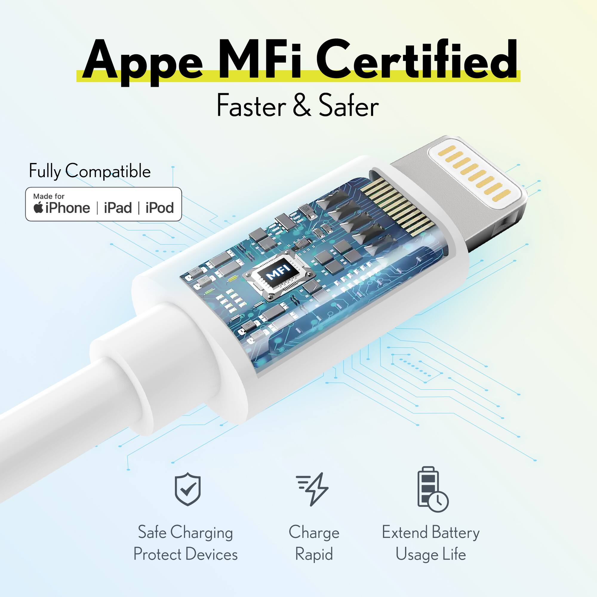 Appe MFi Certified  
Faster & Safer  

Fully Compatible  
Made for iPhone | iPad | iPod  

- Safe Charging  
  Protect Devices  

- Charge Rapid  

- Extend Battery Usage Life