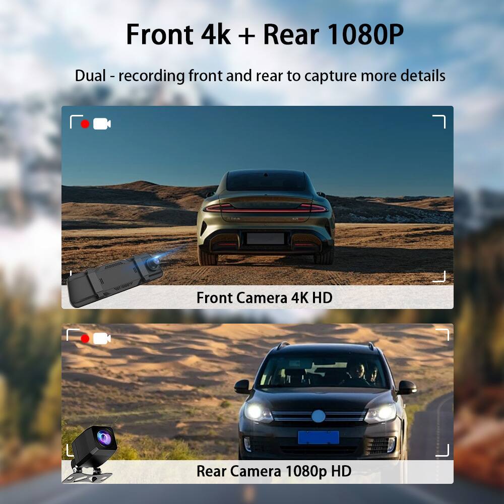 Front 4k + Rear 1080P

Dual - recording front and rear to capture more details

Front Camera 4K HD

Rear Camera 1080p HD