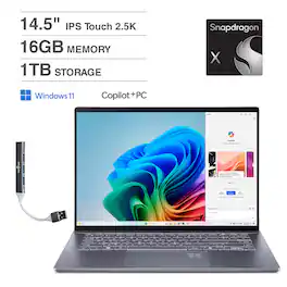 Acer - Swift 14 Laptop 14.5 WQXGA (Qualcomm Snapdragon X , 16GB LPDDR5X, 1TB SSD, Win 11 Home) w/USB Hub - Steel Gray