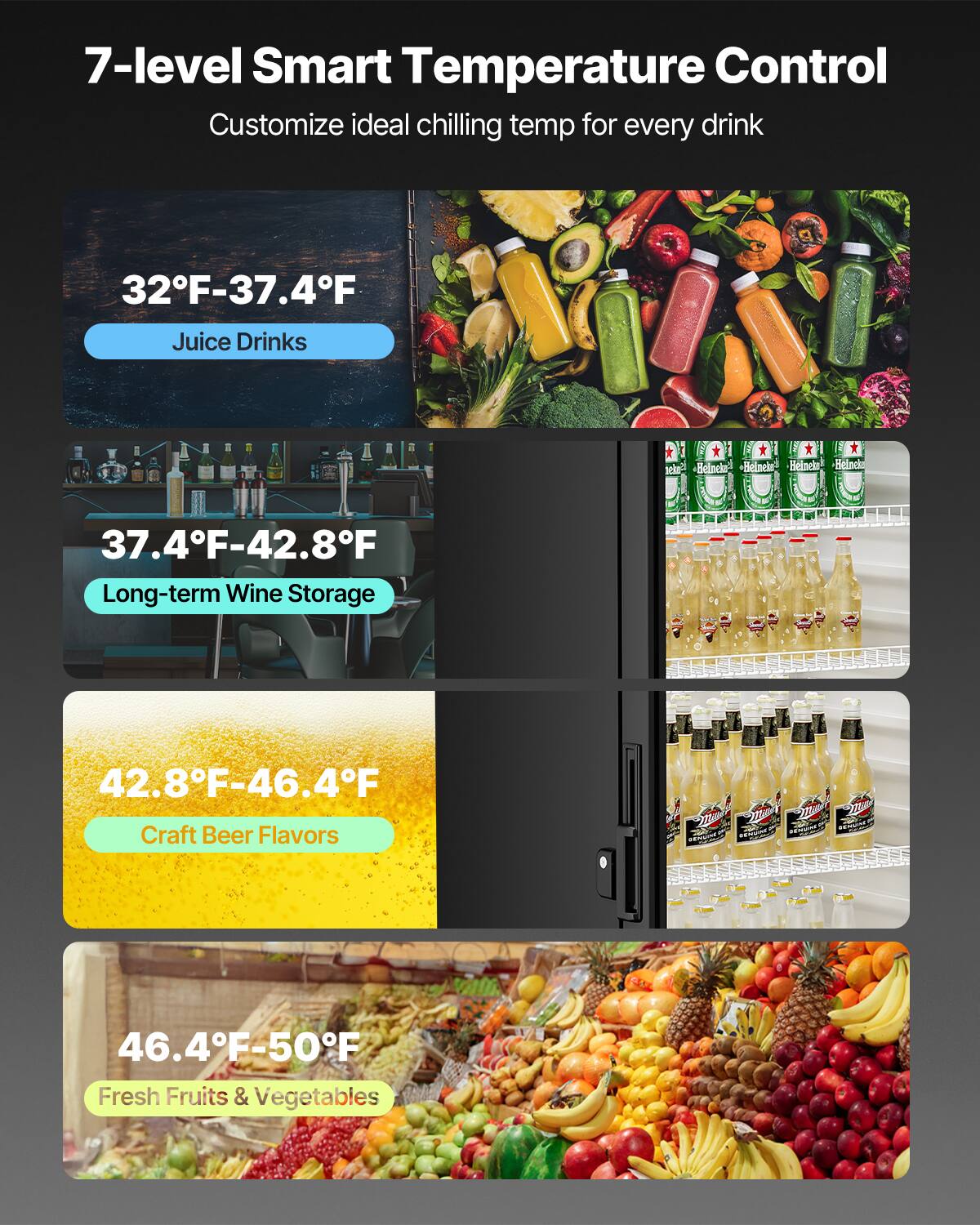 7-level Smart Temperature Control
Customize ideal chilling temp for every drink

32F-37.4F Juice Drinks
37.4F-42.8F Long-term Wine Storage
42.8F-46.4F Craft Beer Flavors
46.4F-50F Fresh Fruits & Vegetables