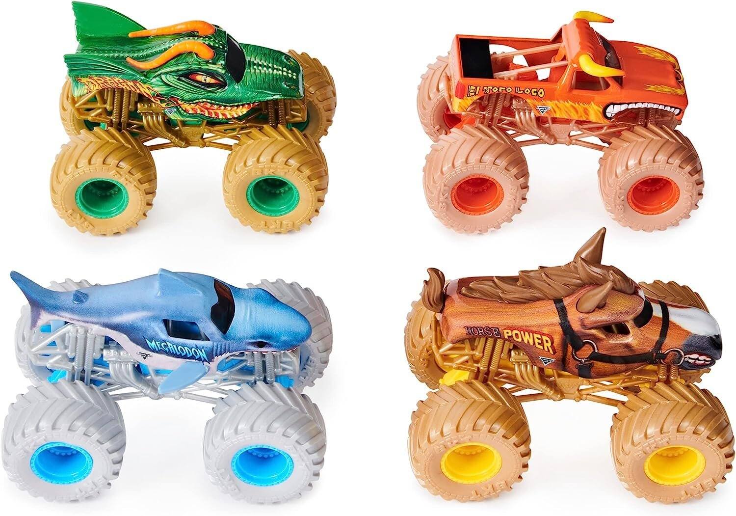 Monster Jam Power Beasts 4 Pack: El Toro Loco, Megalodon, Dragon
